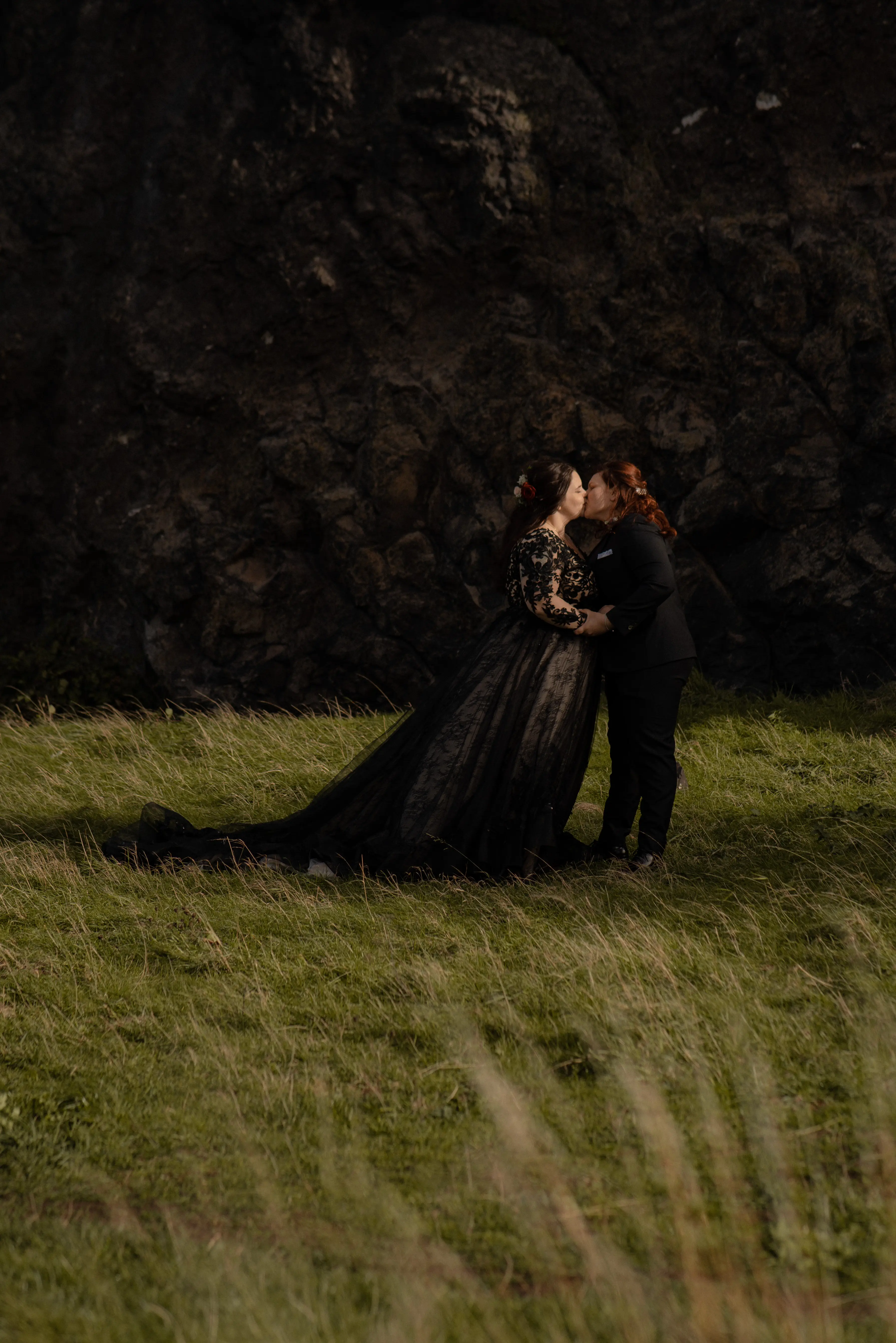 Bride Wearing Black A-Line Wedding Dress Called Zander By Sottero And Midgley Kissing Bride