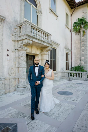 Bride In Beaded Art Deco Wedding Dress Named Elaine By Maggie Sottero With Groom