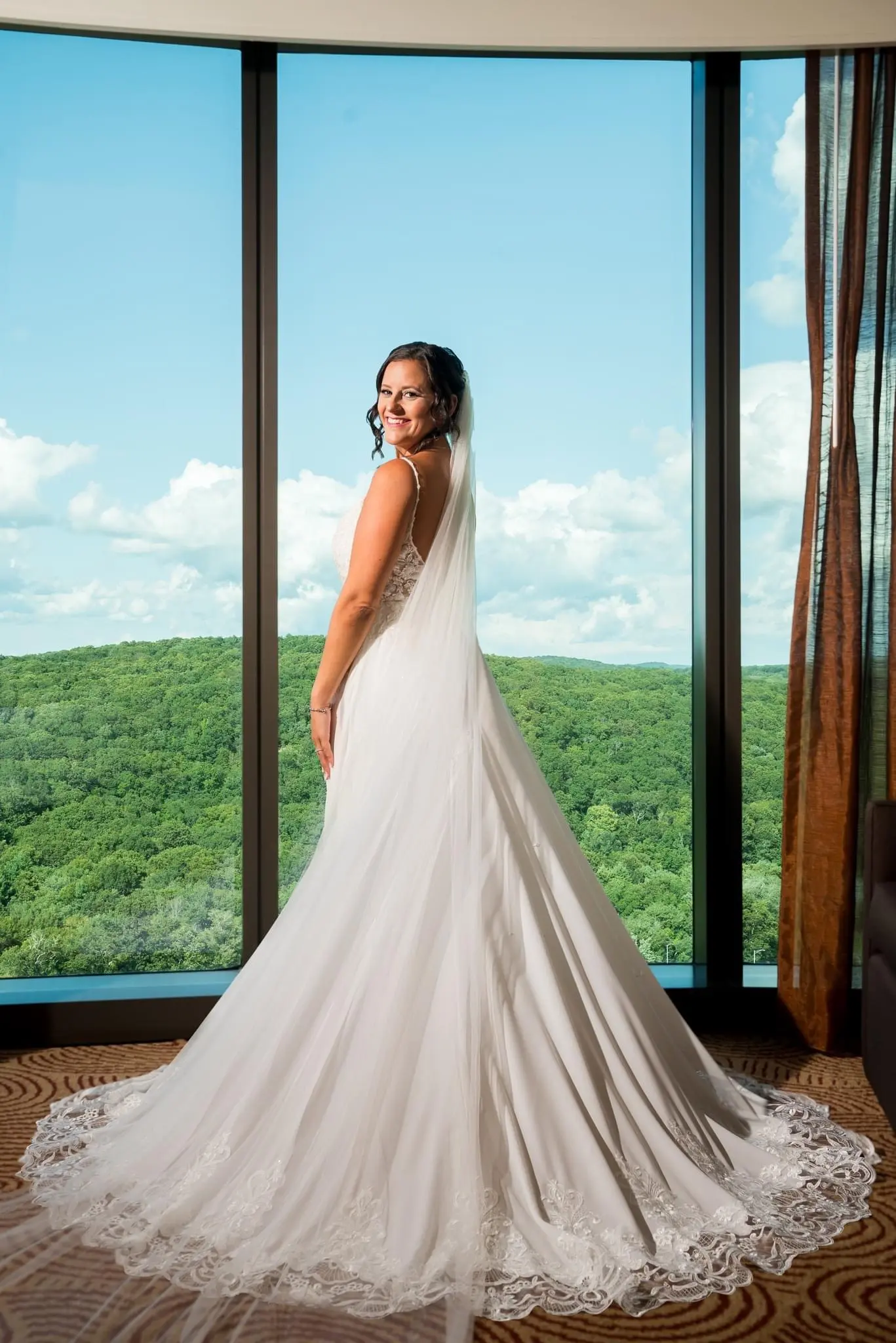 Bride Wearing Chiffon Wedding Dress With Flirty Lace Primrose By Maggie Sottero