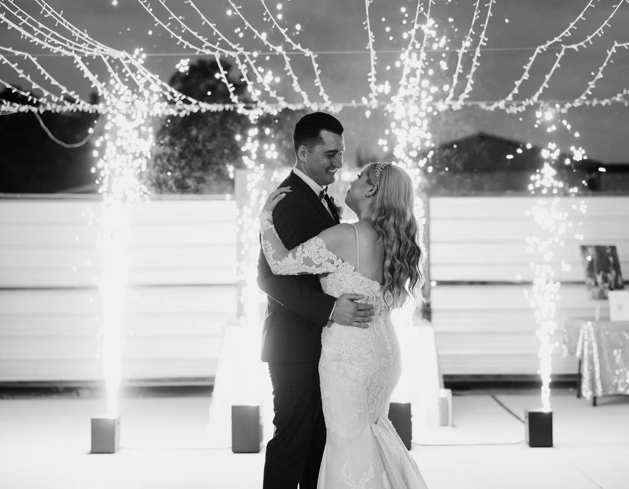 Real Bride in Sparkly Lace Fit-and-Flare Bridal Dress with Off-the-Shoulder Sleeves Called Fiona by Maggie Sottero