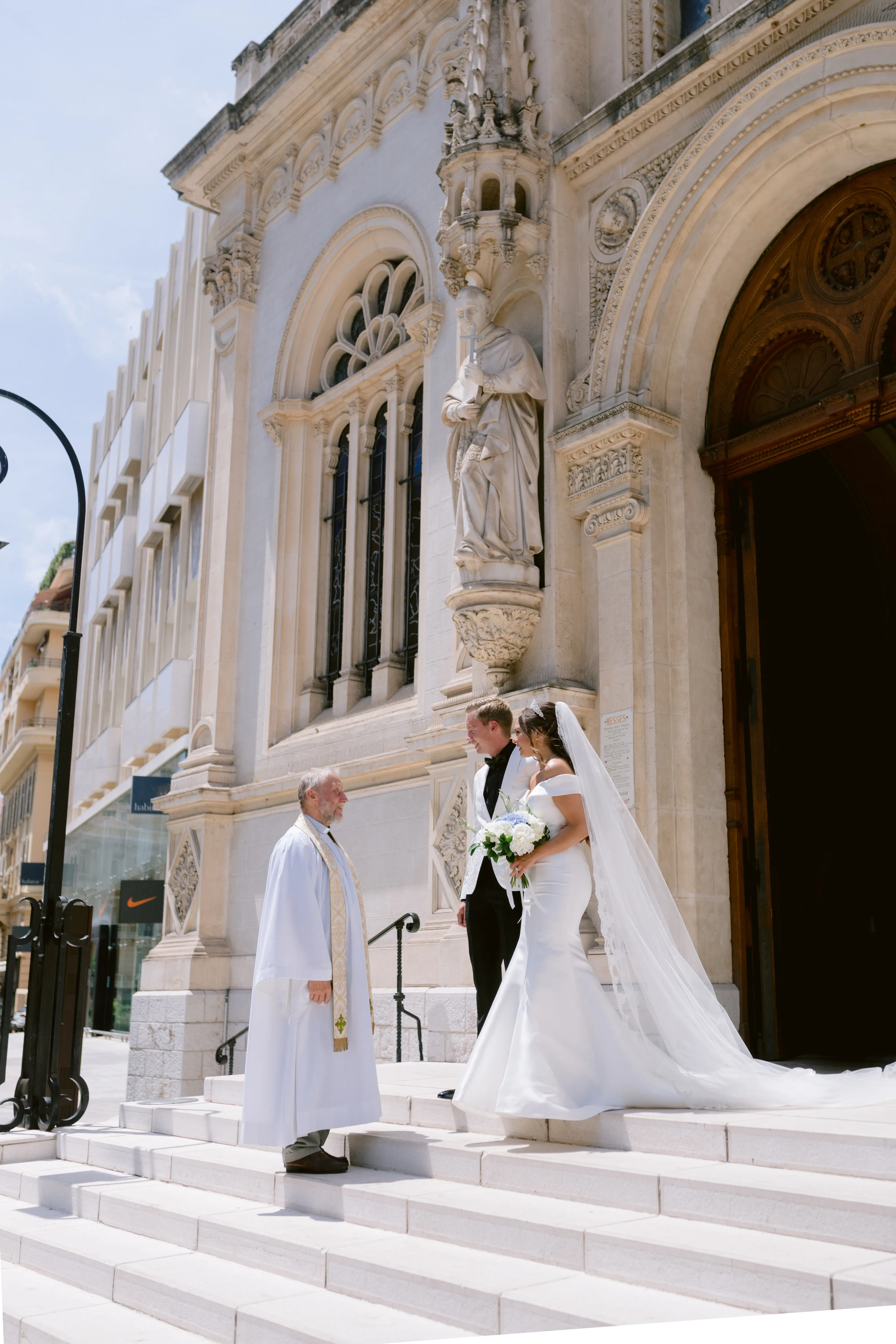 Groom With Bride Wearing Simple Off The Shoulder Fit And Flare Wedding Dress Josie By Rebecca Ingram