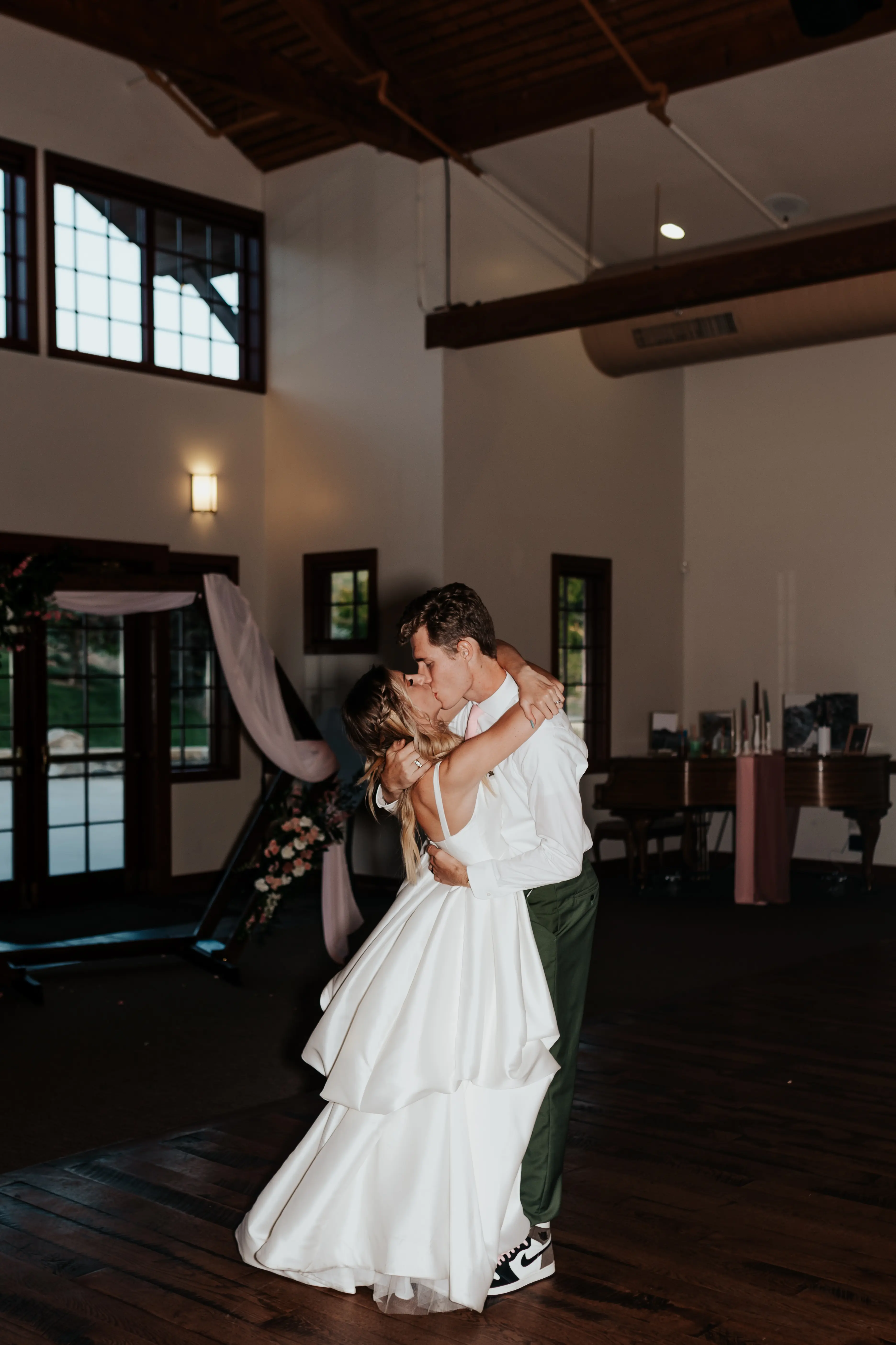 Bride With Groom In Satin Wedding Dress Called Selena By Maggie Sottero