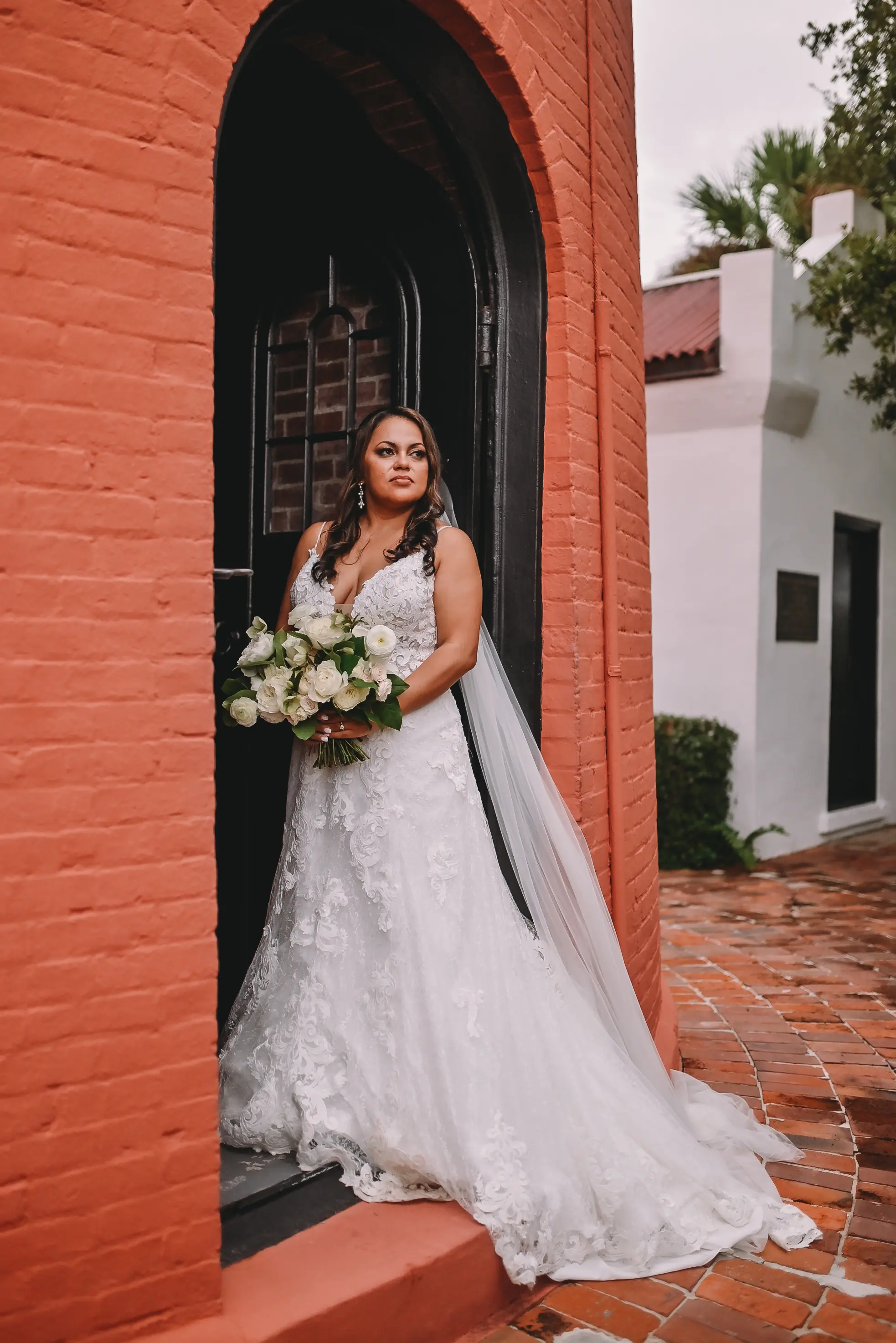 Bride Wearing A-Line Lace Wedding Dress Tuscany Lane By Maggie Sottero