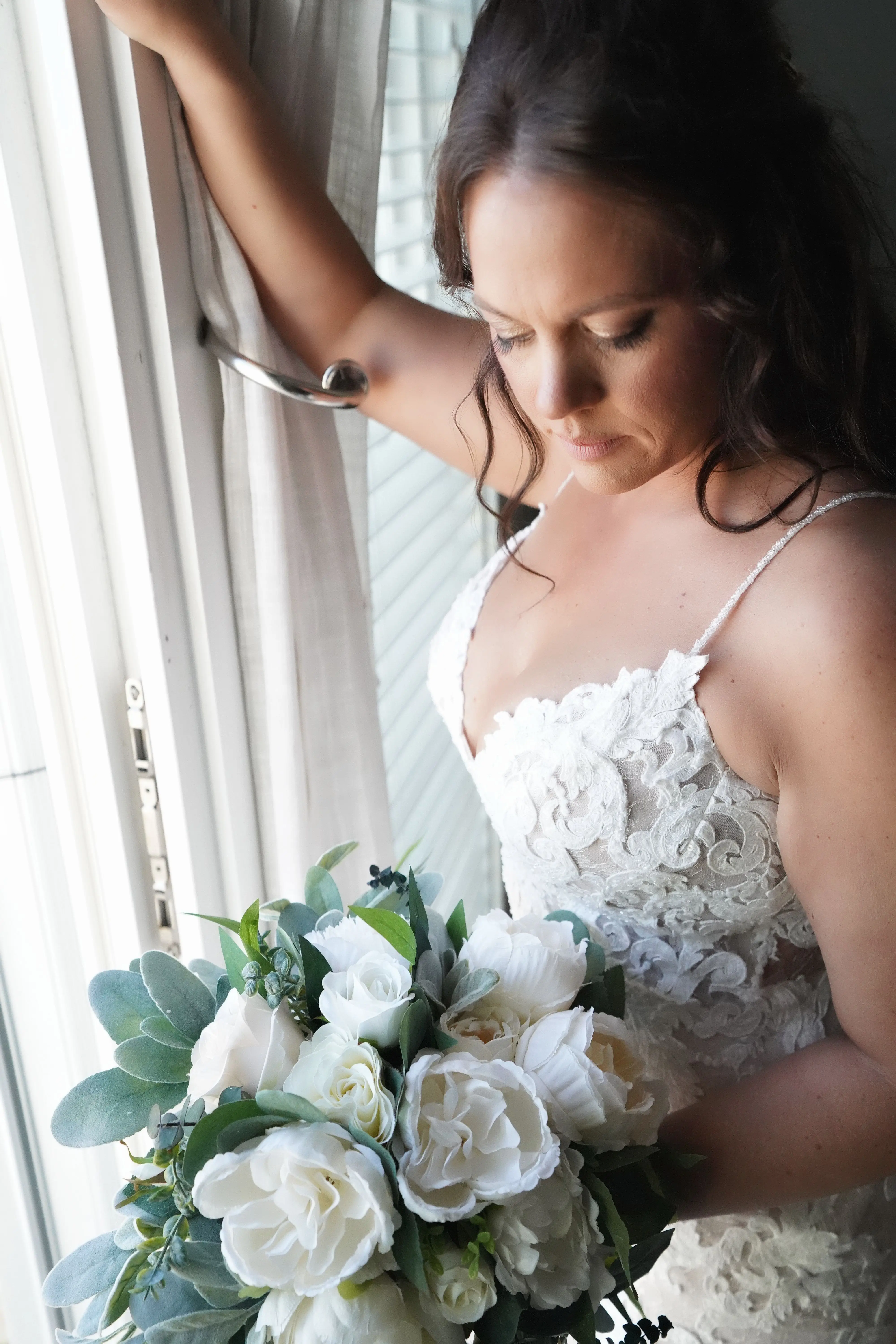 Bride Wearing Lace Sheath Wedding Gown Tuscany Lynette By Maggie Sottero