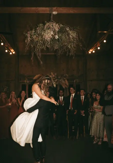 Bride in Mikado Ball Down Wedding Dress Selena by Maggie Sottero Dancing with Groom