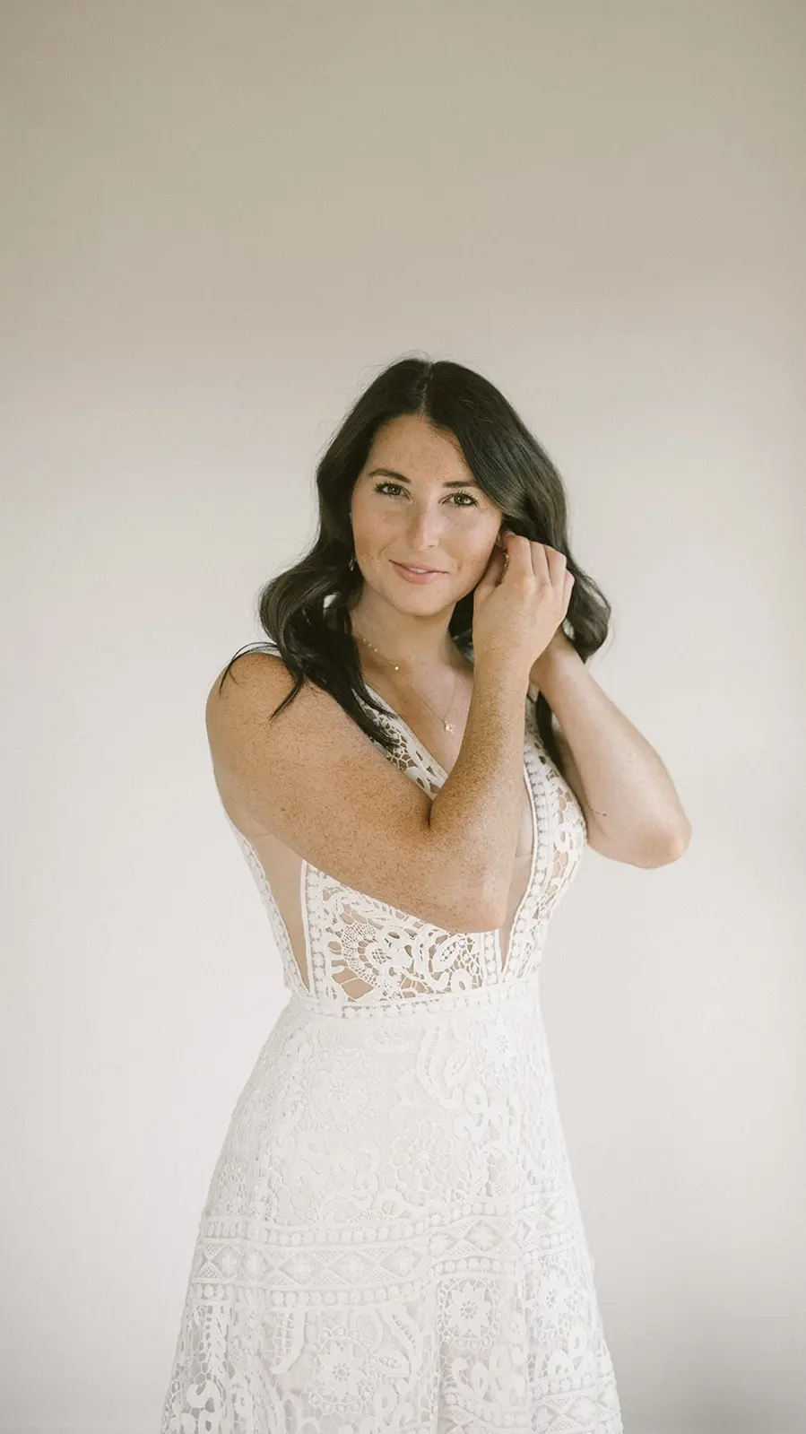 Bride in Vintage A-Line Wedding Dress with Allover Lace and Nude Underlay Called Finley Dawn by Sottero & Midgley