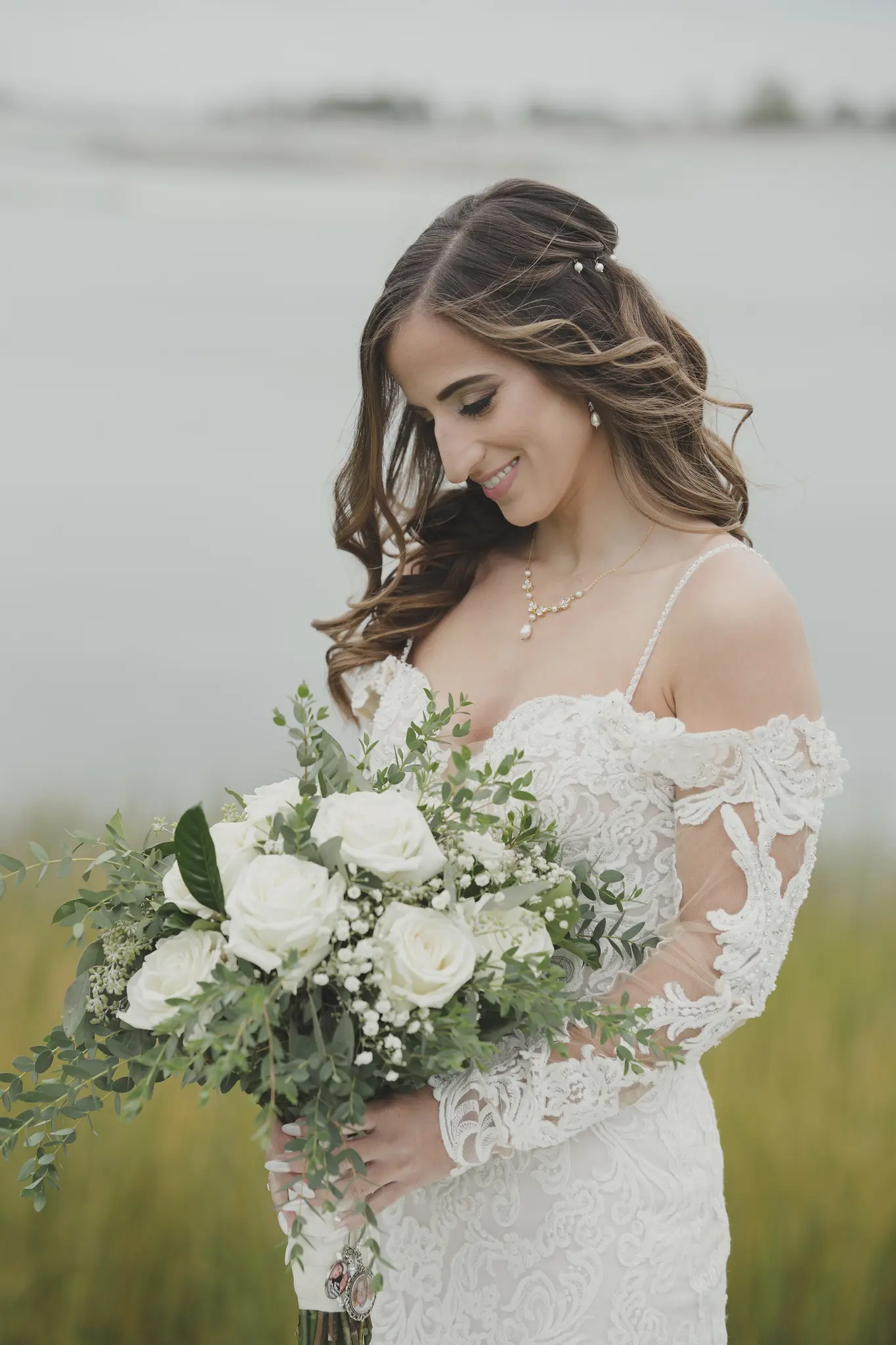 Real Bride in Sparkly Lace Fit-and Flare Bridal Dress with Detachable Off-the-Shoulder Sleeves called Fiona by Maggie Sottero