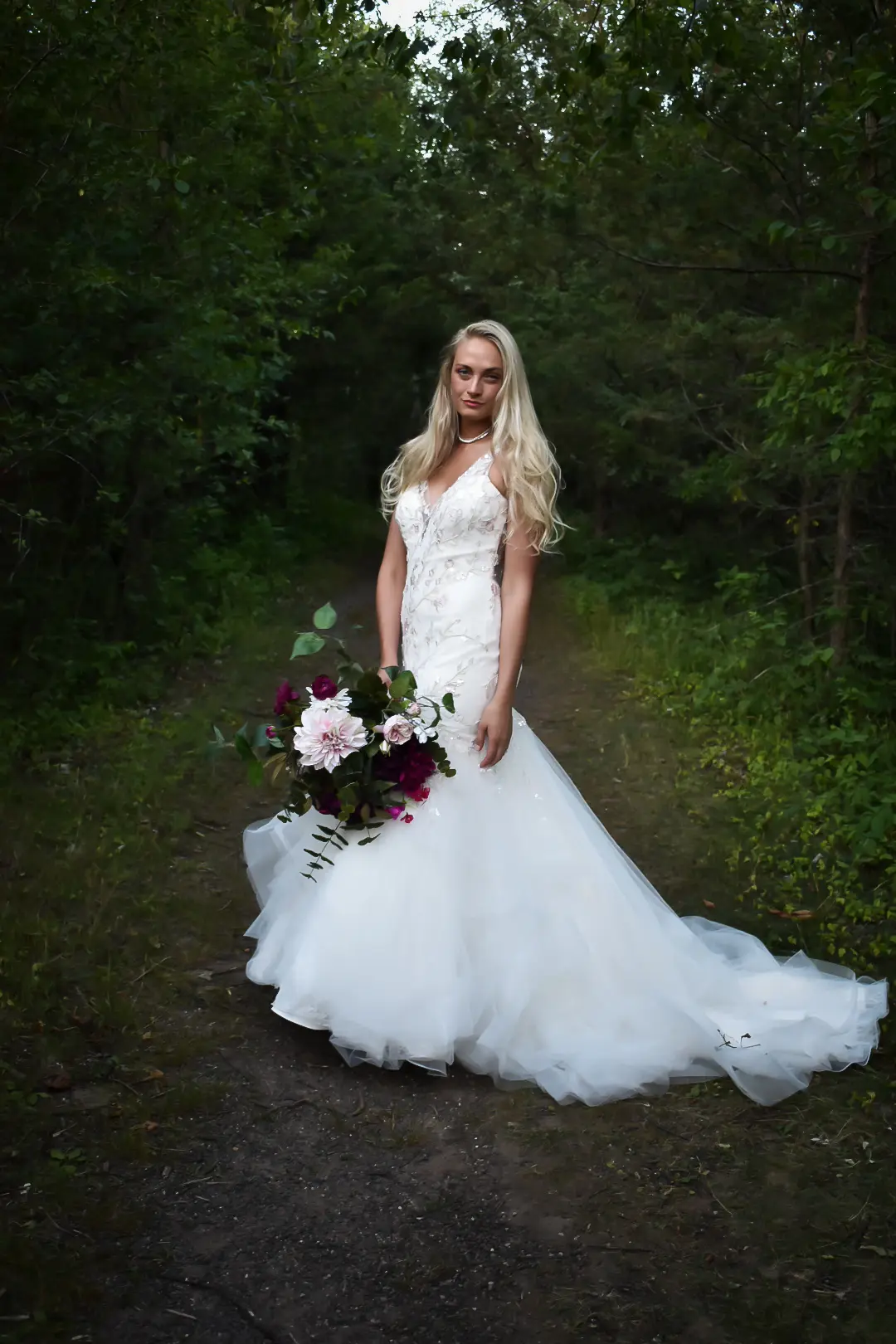 Bride Wearing Trumpet Wedding Dress With Colorful Floral Lace Motifs Kenleigh By Sottero And Midgley