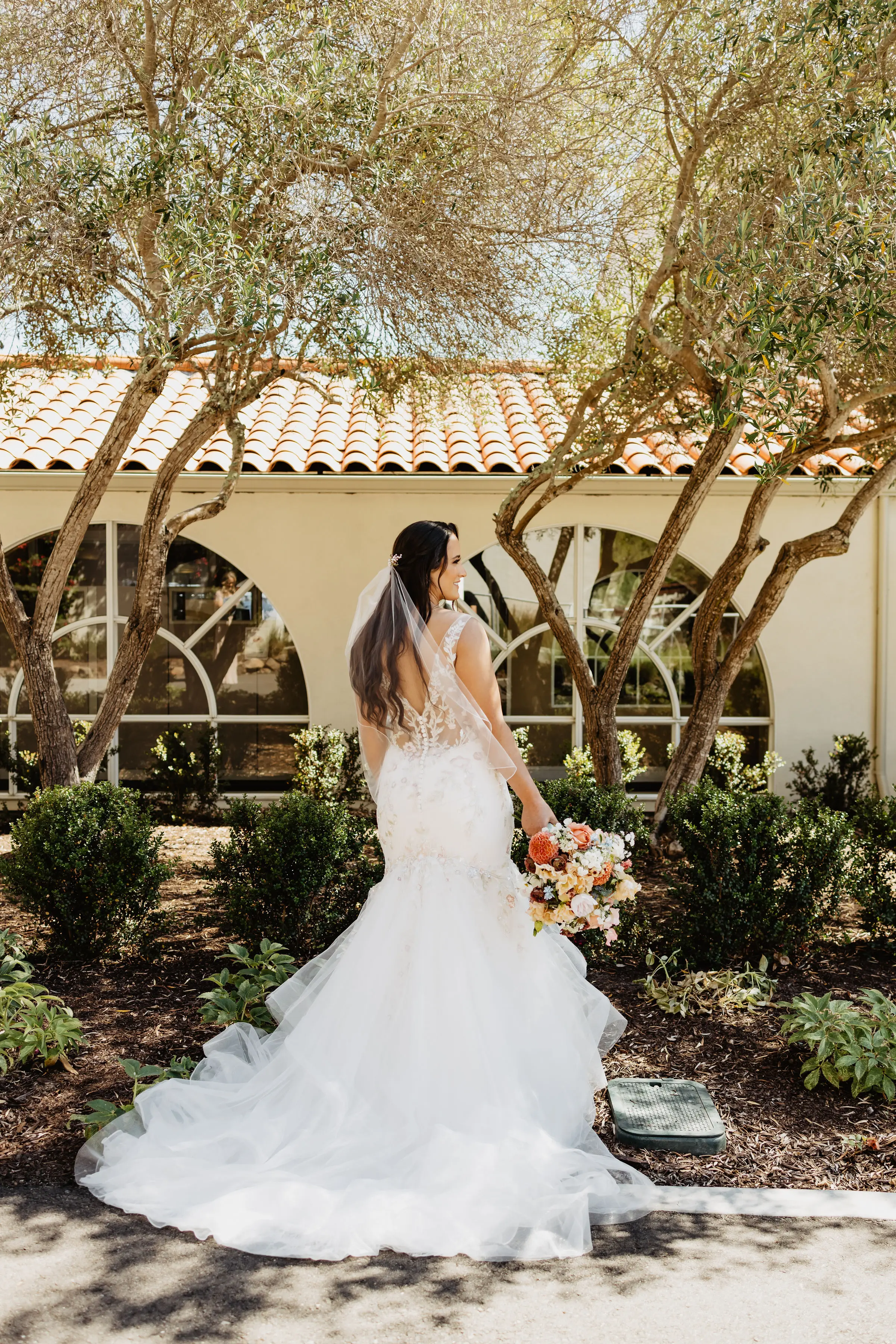 Bride Wearing Unique Trumpet Bridal Dress In Colorful Floral Lace Motifs Kenleigh By Sottero And Midgley