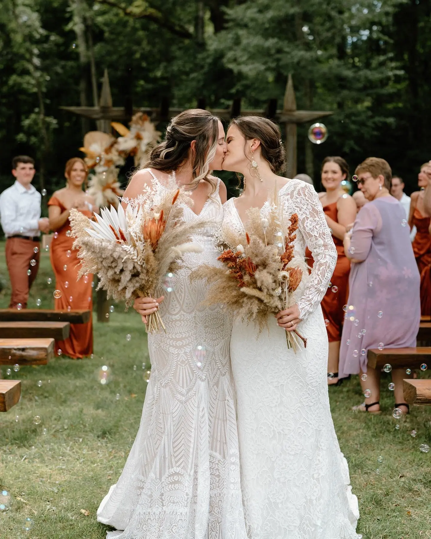 Bride With Bride Wearing Boho Lace Wedding Dress Drita By Maggie Sottero