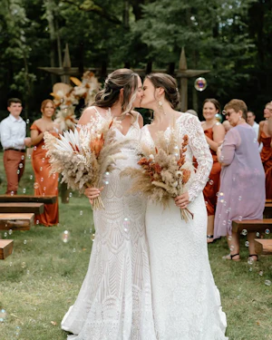 Bride With Bride Wearing Boho Lace Wedding Dress Drita By Maggie Sottero