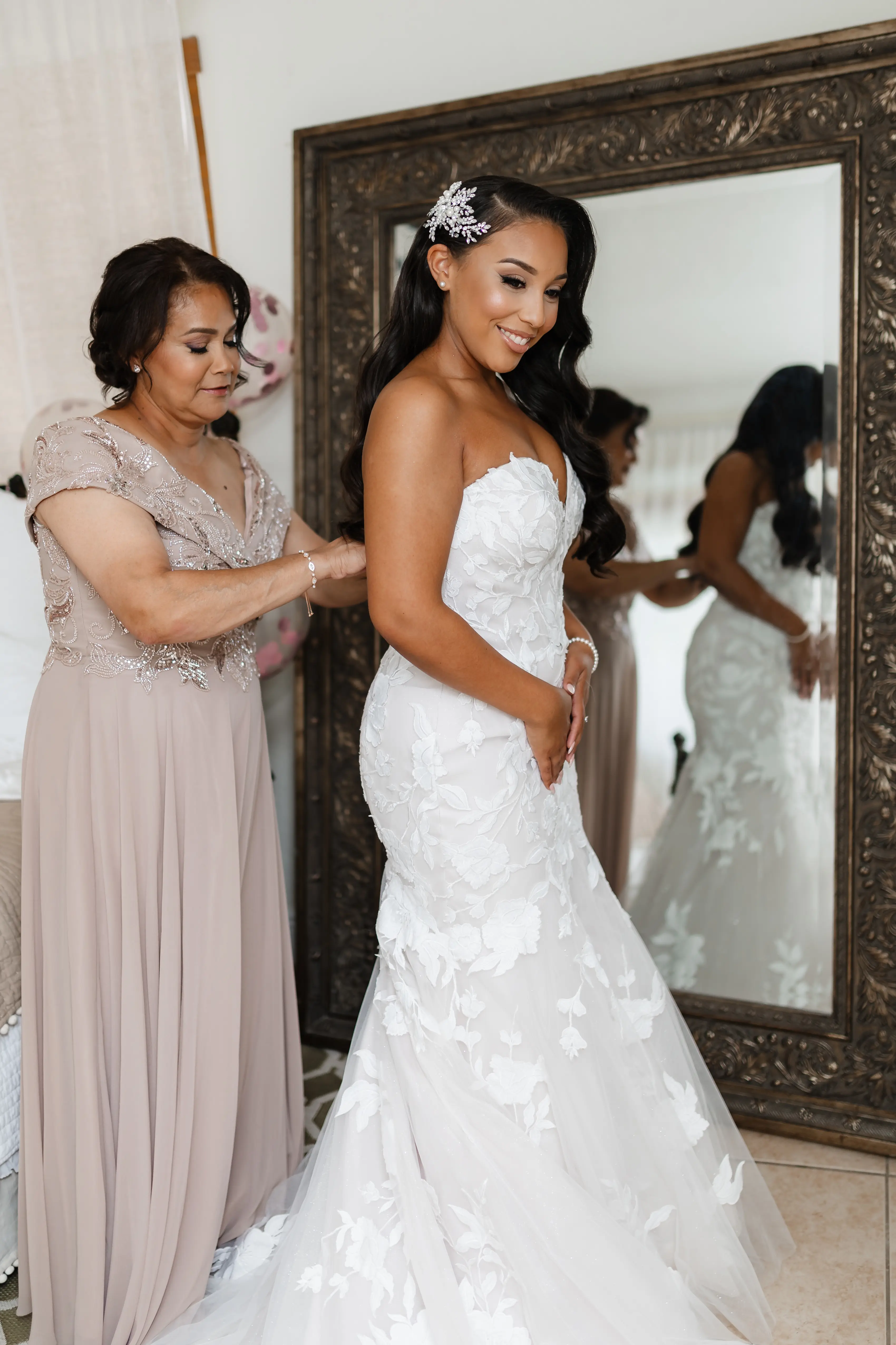 Real Bride in Strapless Mermaid Bridal Gown in Oversized Lace with Floral Lace Motifs over Sparkle Tulle and Sweetheart Neckline called Hattie by Rebecca Ingram