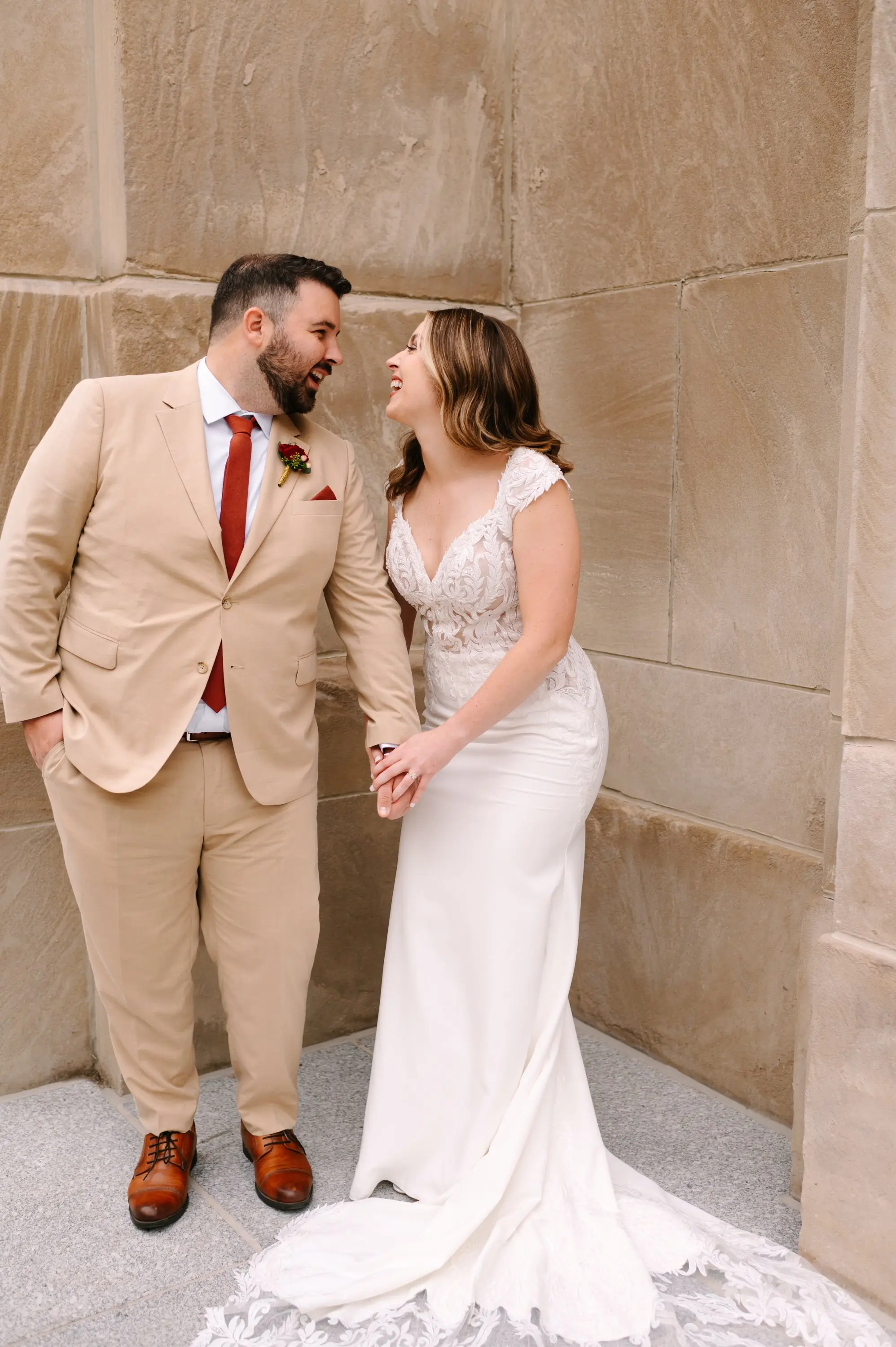 Bride Wearing Crepe Lace Wedding Dress Called Anson By Sottero And Midgley Laughing With Groom