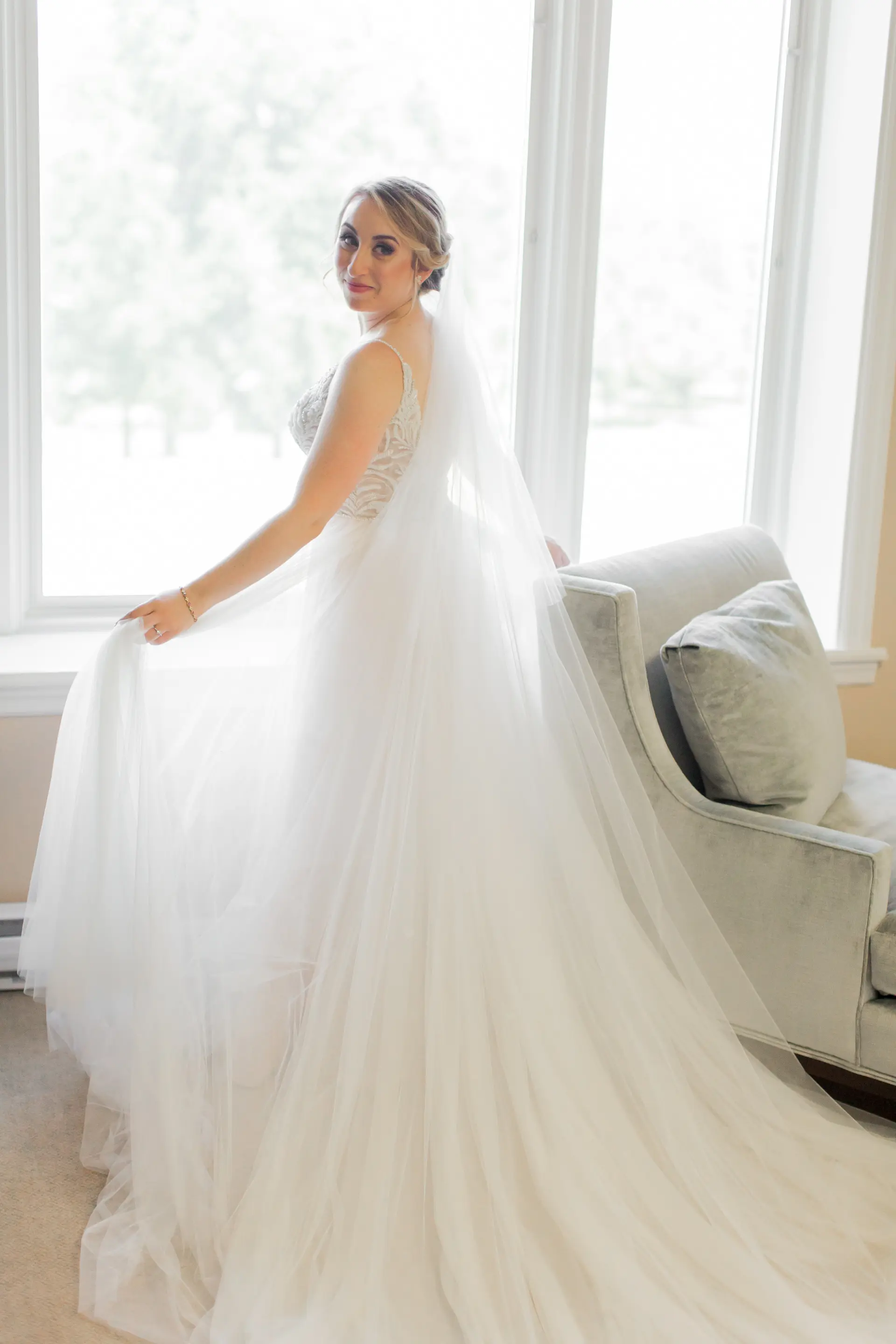Real Bride wearing a-line wedding dress called Charlene by Maggie Sottero.