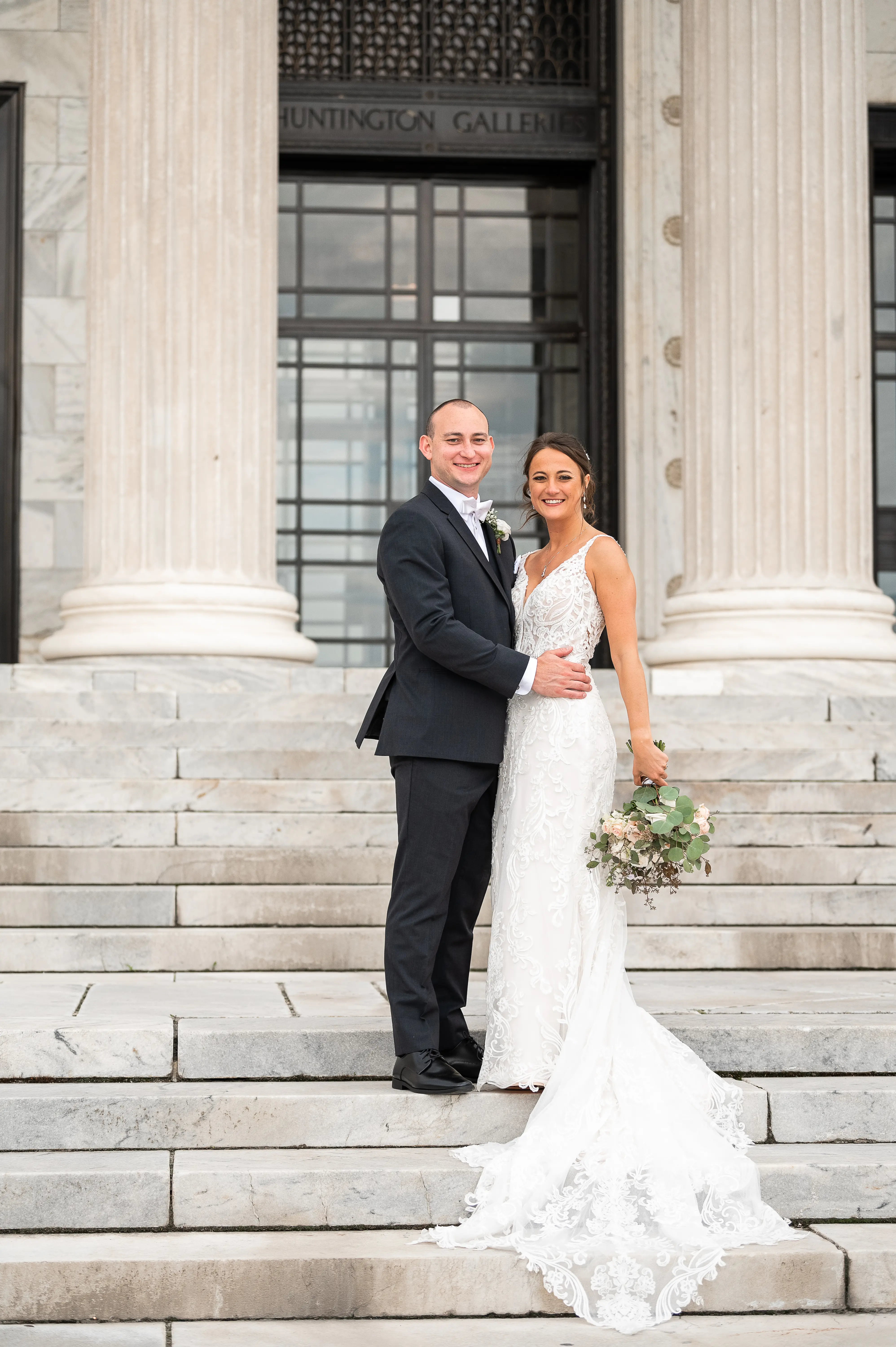 Real Bride in Elegant Lace Sheath Bridal Dress with Beaded Lace Motifs and Scalloped Lace Train Called Hamilton by Sottero & Midgley