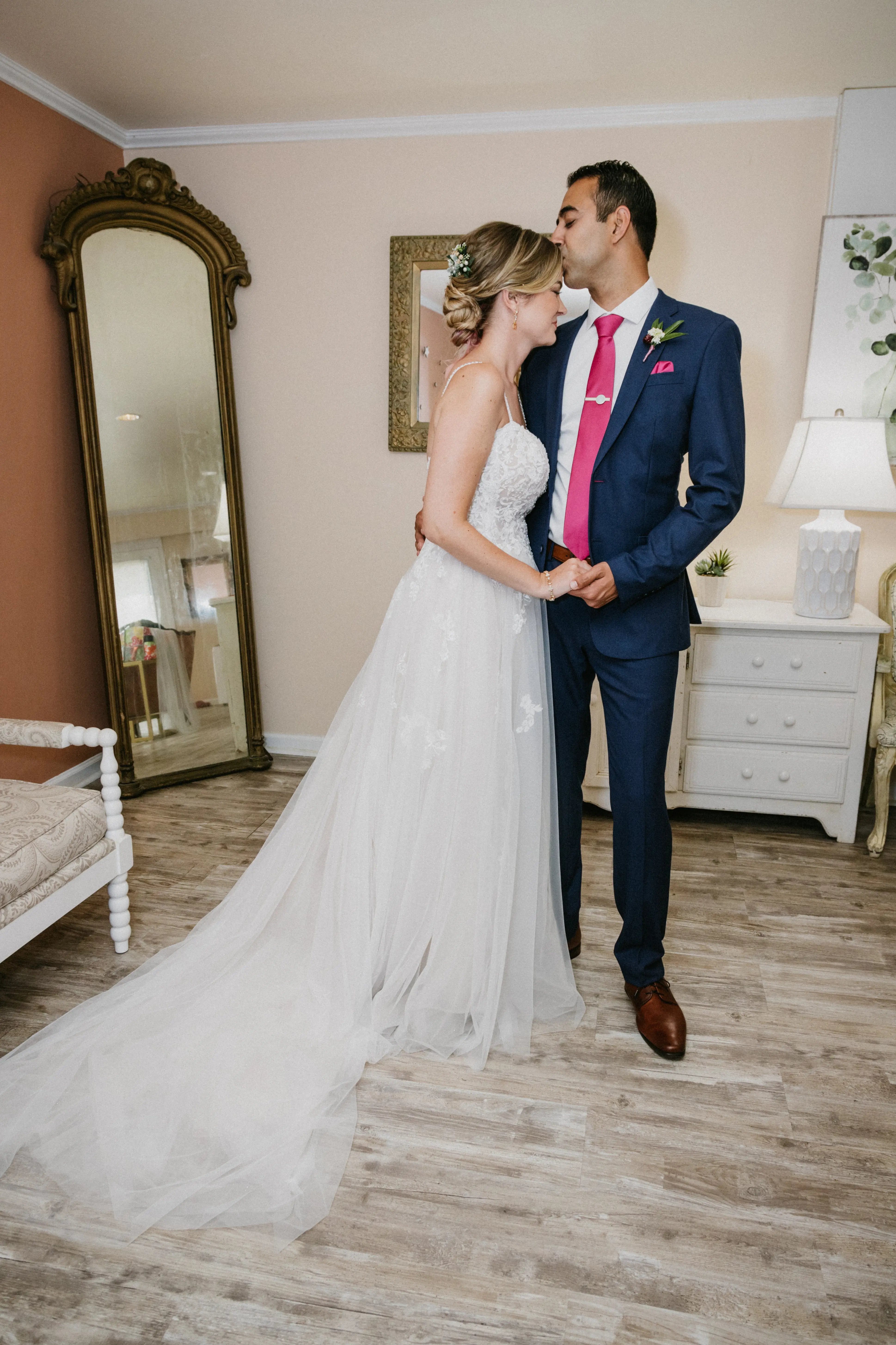 Groom With Bride Wearing A-Line Lace Wedding Dress Marisol By Rebecca Ingram