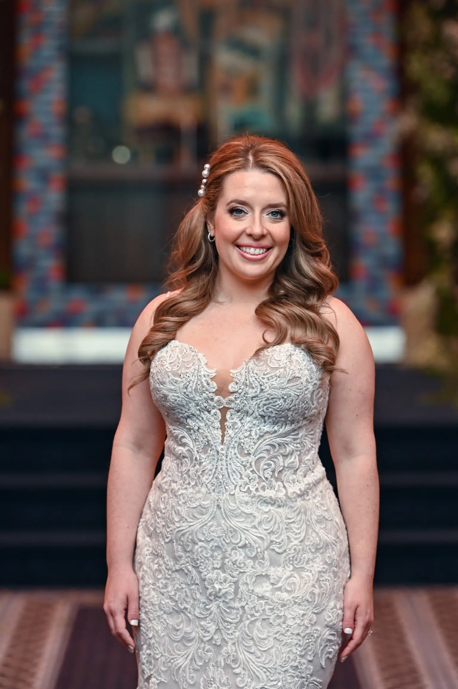 Bride Wearing Lace Fit-And-Flare Wedding Dress Called Fiona By Maggie Sottero