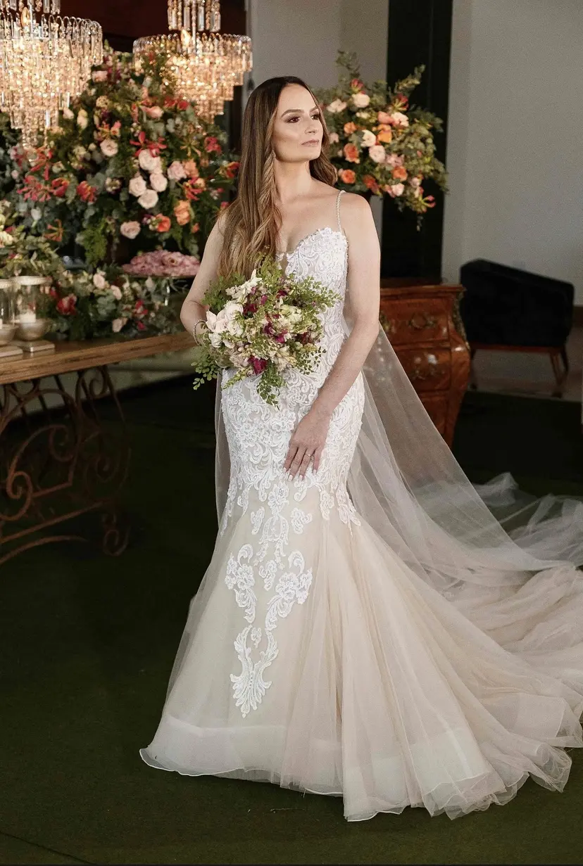 Bride in Premium Fit-and-Flare Bridal Gown with Beaded Lace Motifs Alistair by Maggie Sottero