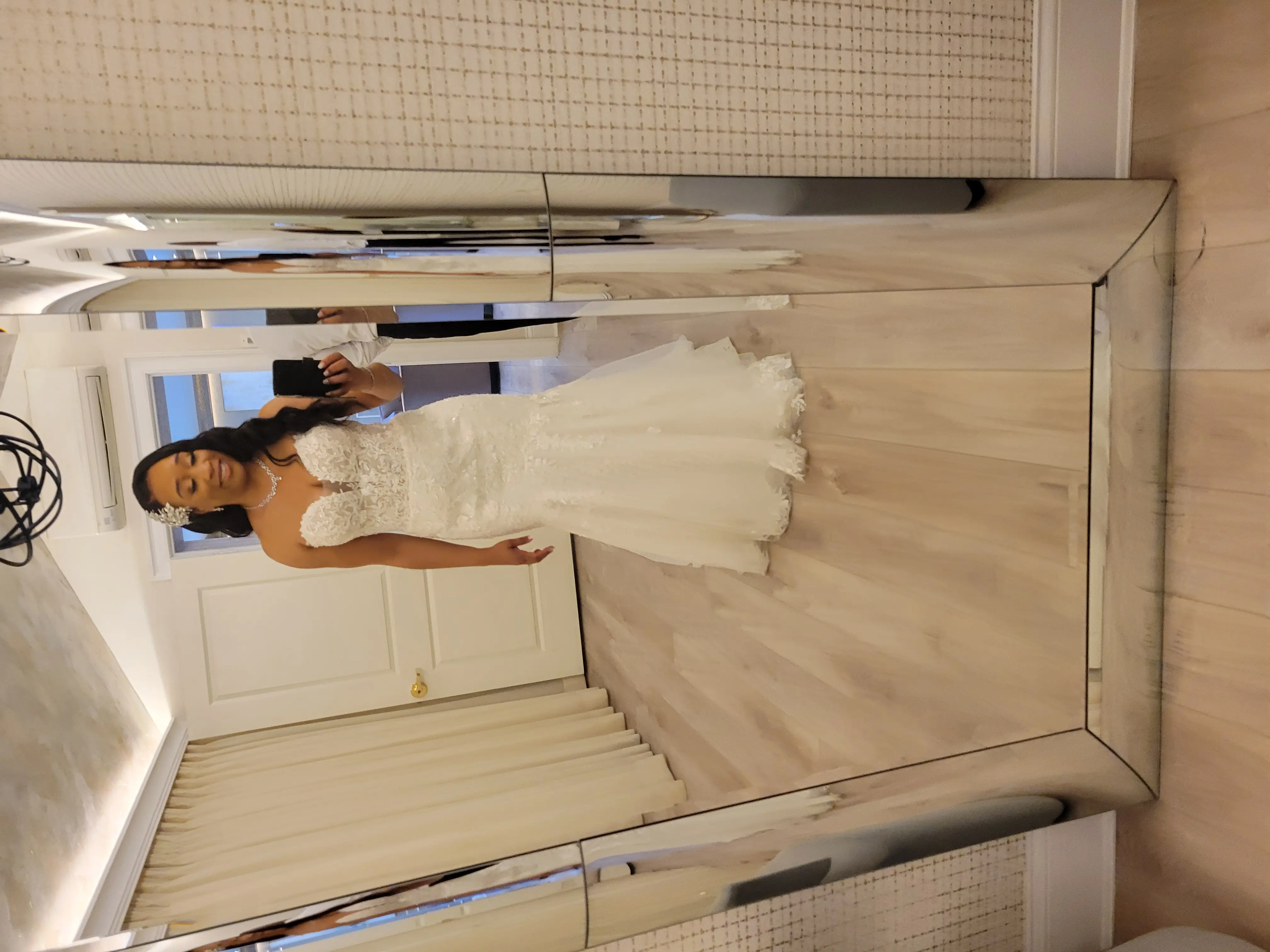 Bride Wearing Sexy Lace Wedding Dress Called Lennon By Maggie Sottero Looking In The Mirror