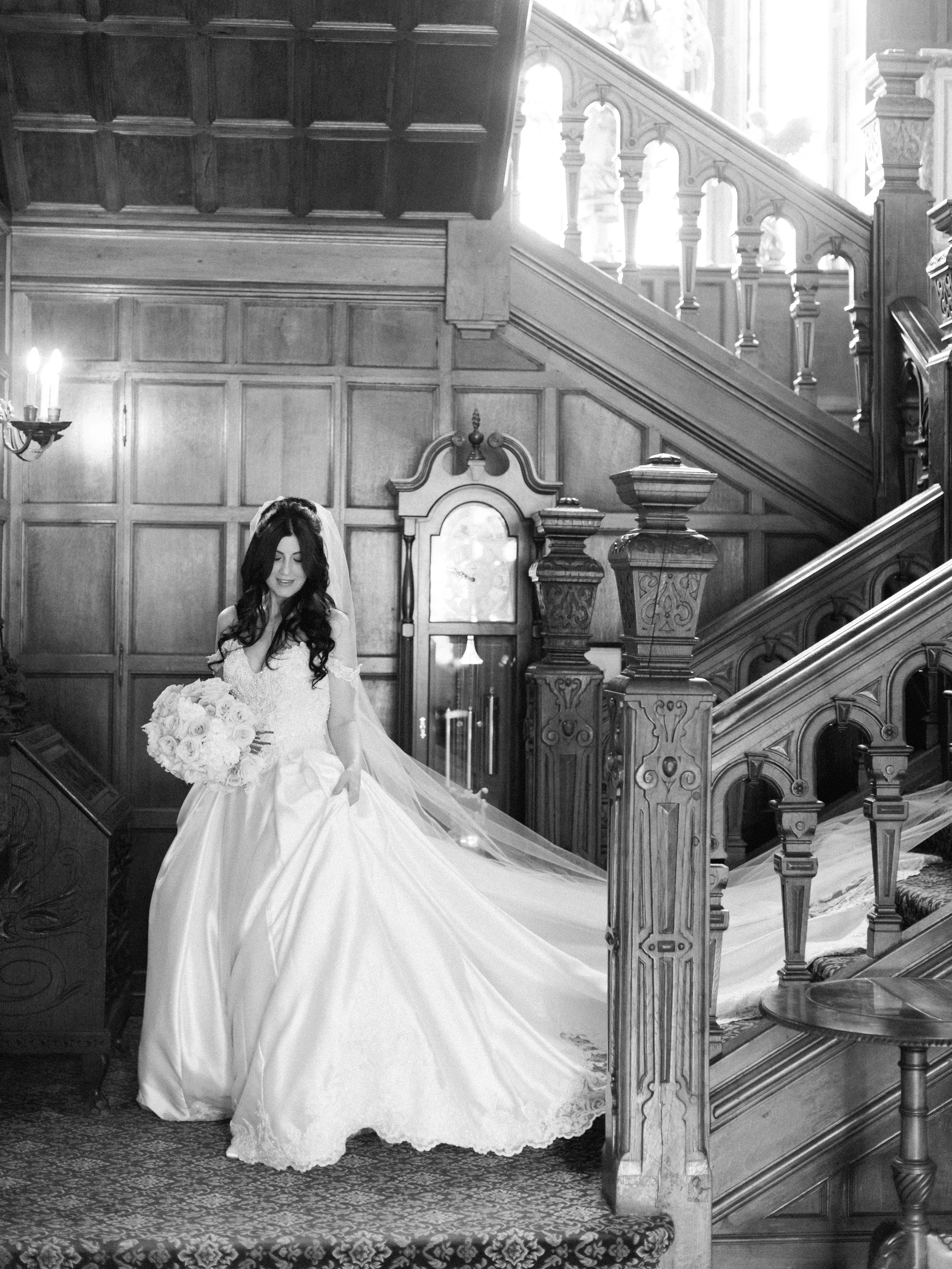 Bride wearing off the shoulder luxury ballgown wedding dress