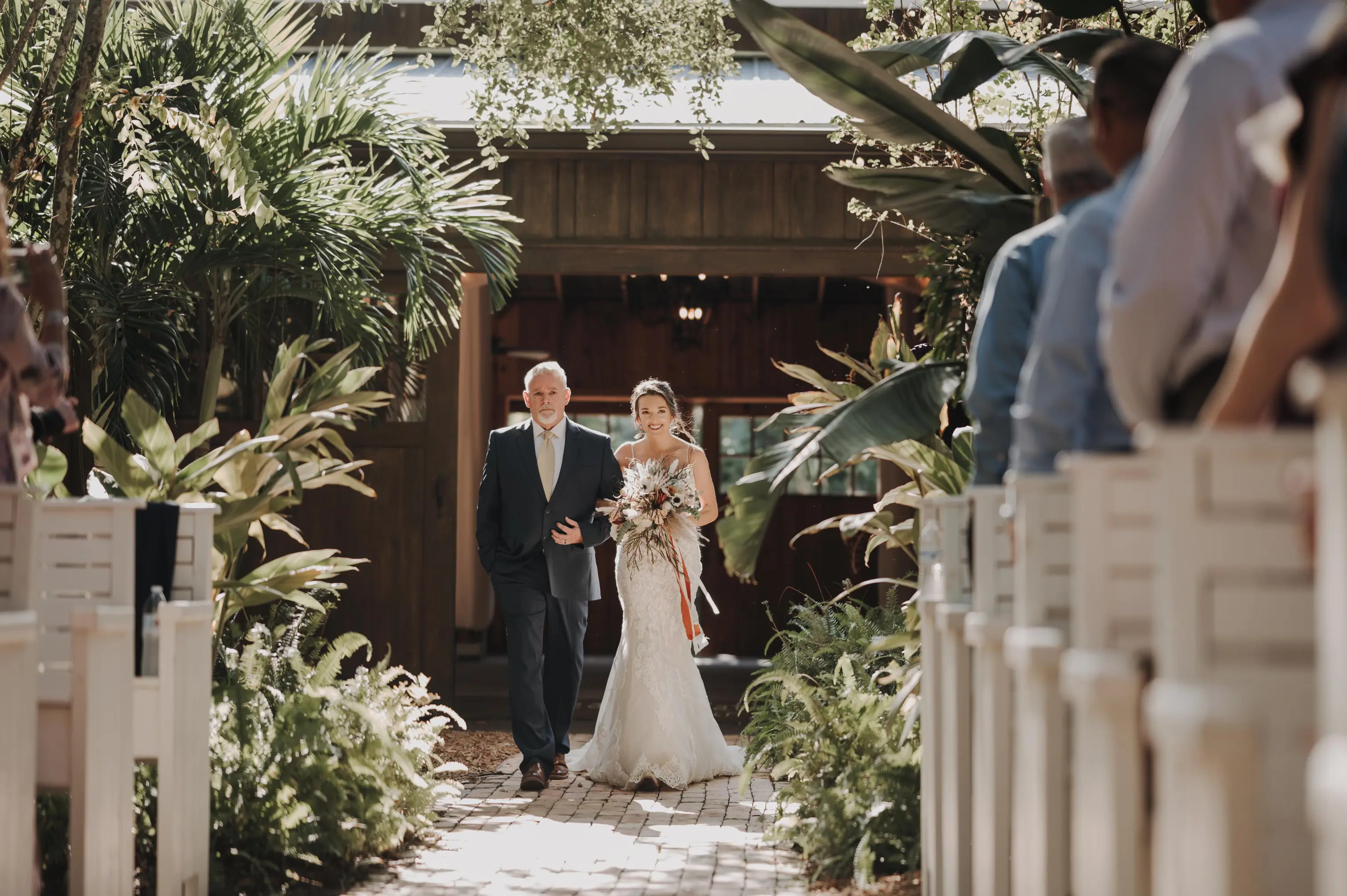 Father walking Bride Down the Aisle Wearing Lace Mermaid Wedding Gown Called Fiona by Maggie Sottero