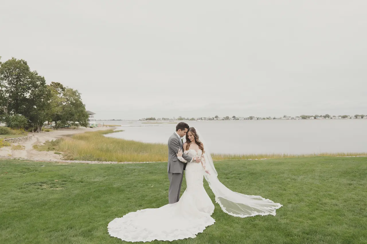 Real Bride in Sparkly Lace Fit-and Flare Bridal Dress with Detachable Off-the-Shoulder Sleeves called Fiona by Maggie Sottero