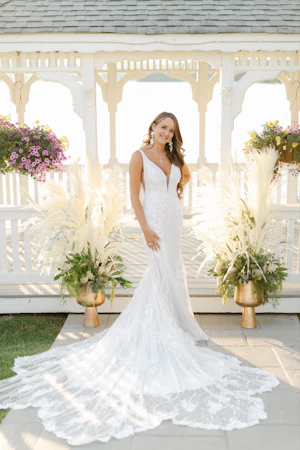 Bride in Mermaid Wedding Dress with 3-D Floral Motifs Called Cruz by Sottero & Midgley