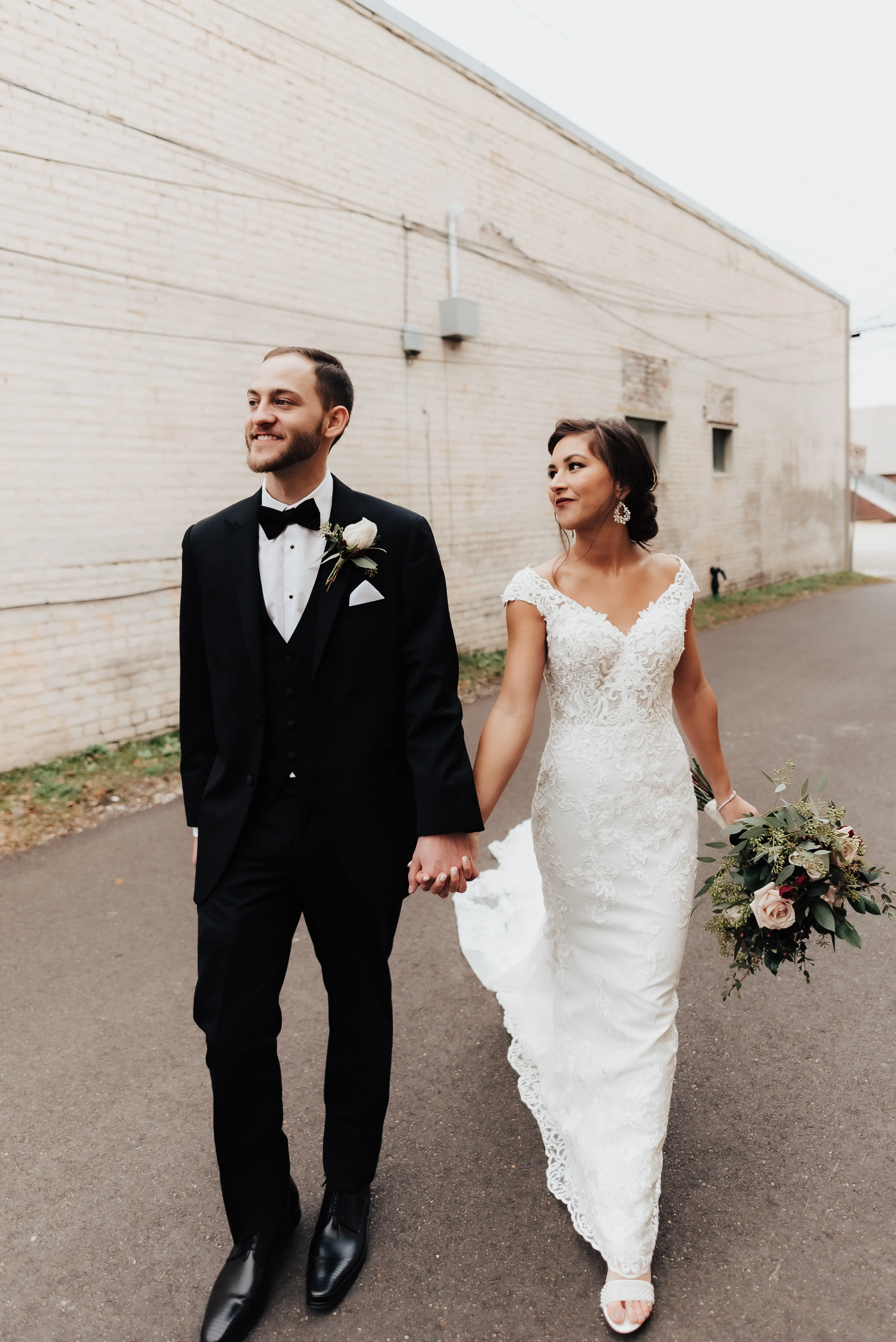 Groom With Bride Wearing Sheath Lace Wedding Dress Celeste By Maggie Sottero