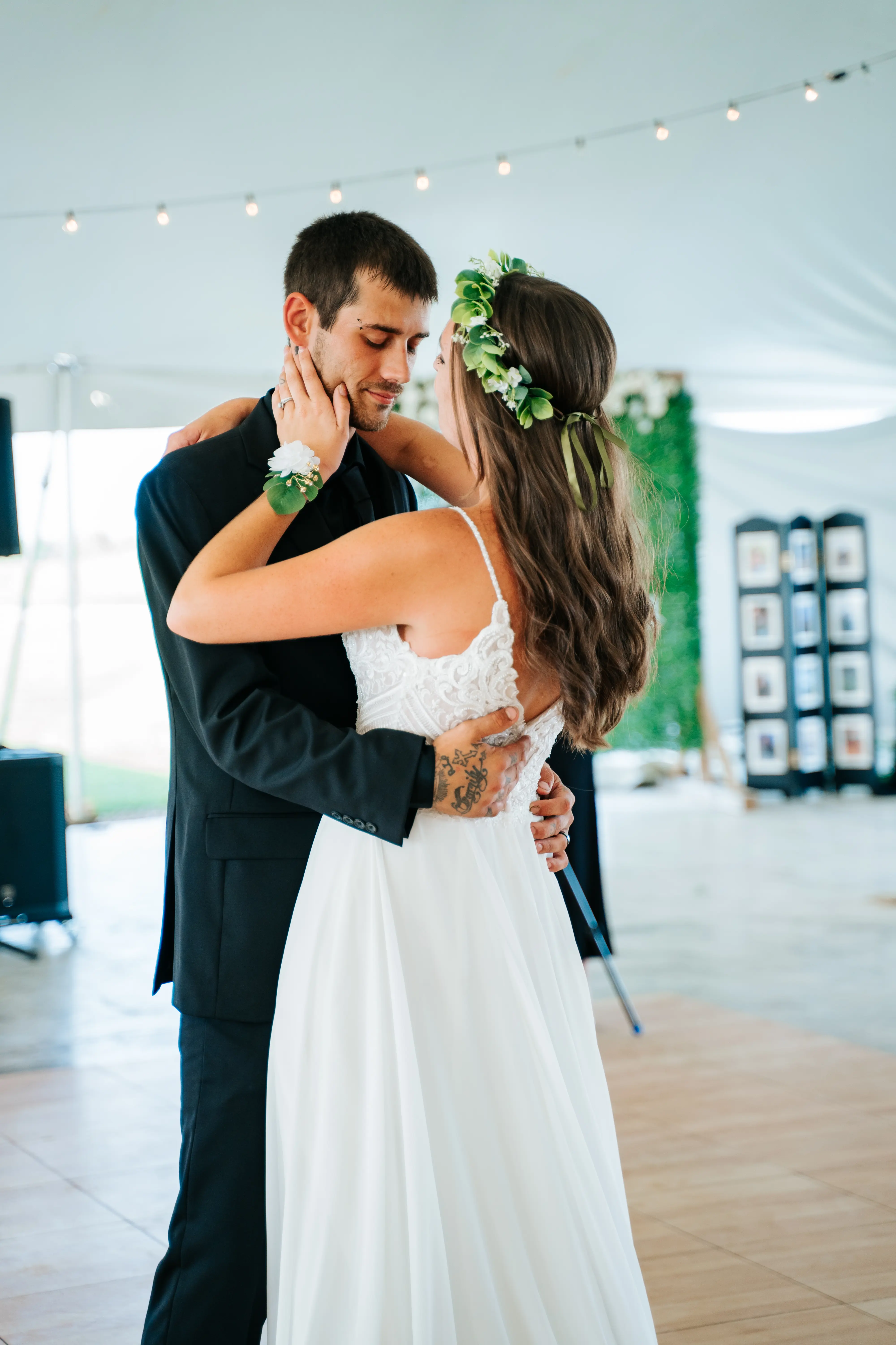 Bride Wearing Beach Sheath Wedding Dress Called Lorraine By Rebecca Ingram Dancing With Groom At Reception
