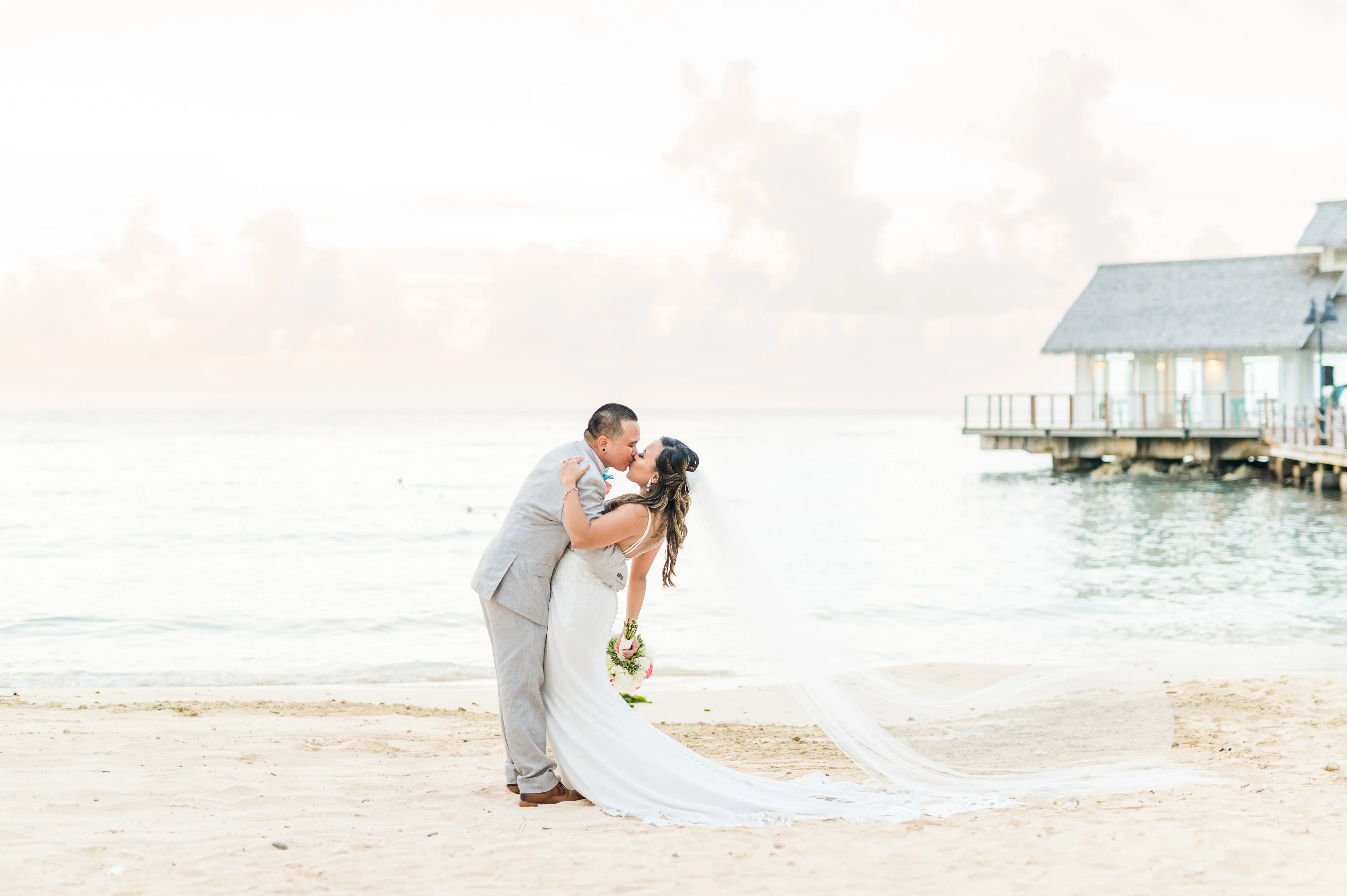 Real Bride in Backless Crepe Wedding Gown with Scalloped Lace Cutout Train Called Baxley by Maggie Sottero