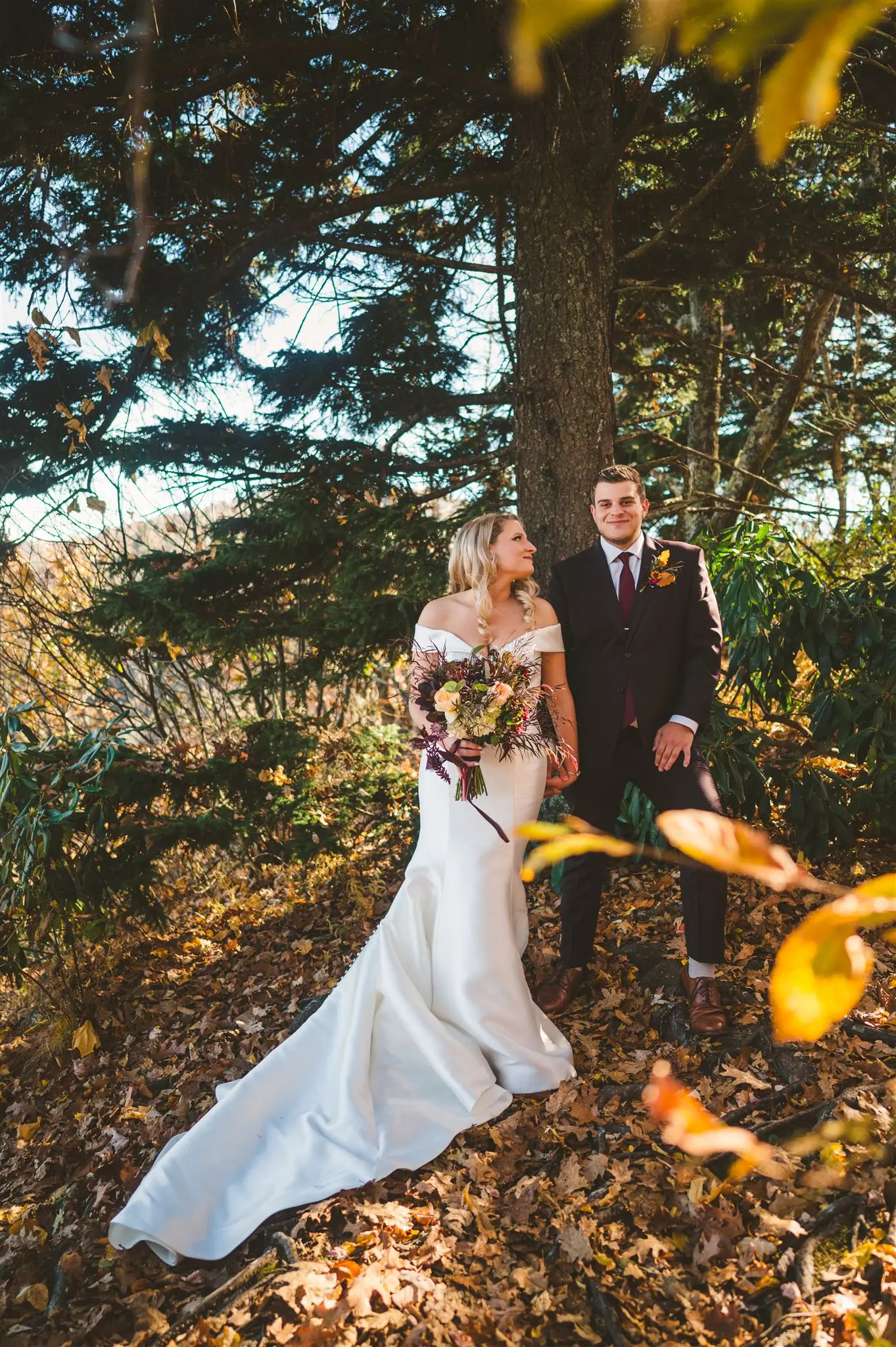 Groom With Bride Wearing Vintage Glamour Off-The-Shoulder Wedding Dress Josie By Rebecca Ingram