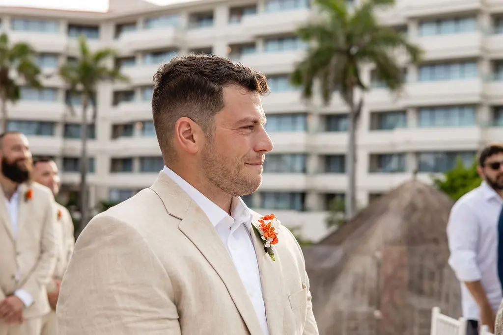 Groom Tears Up at Sight of Real Bride in Backless Crepe Bridal Gown with Lace Motifs and Beaded Spaghetti Straps Called Baxley by Maggie Sottero