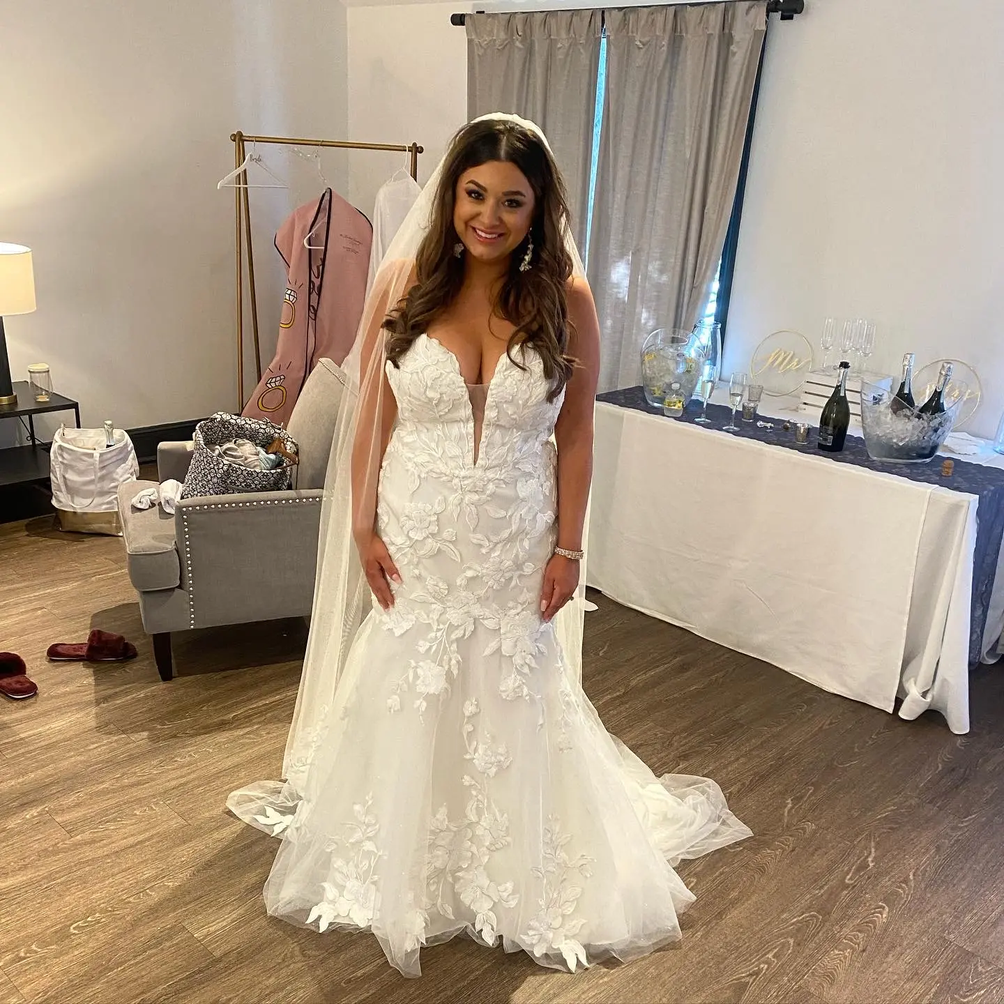 Bride Wearing Lace Mermaid Wedding Gown Called Hattie By Rebecca Ingram Getting Ready