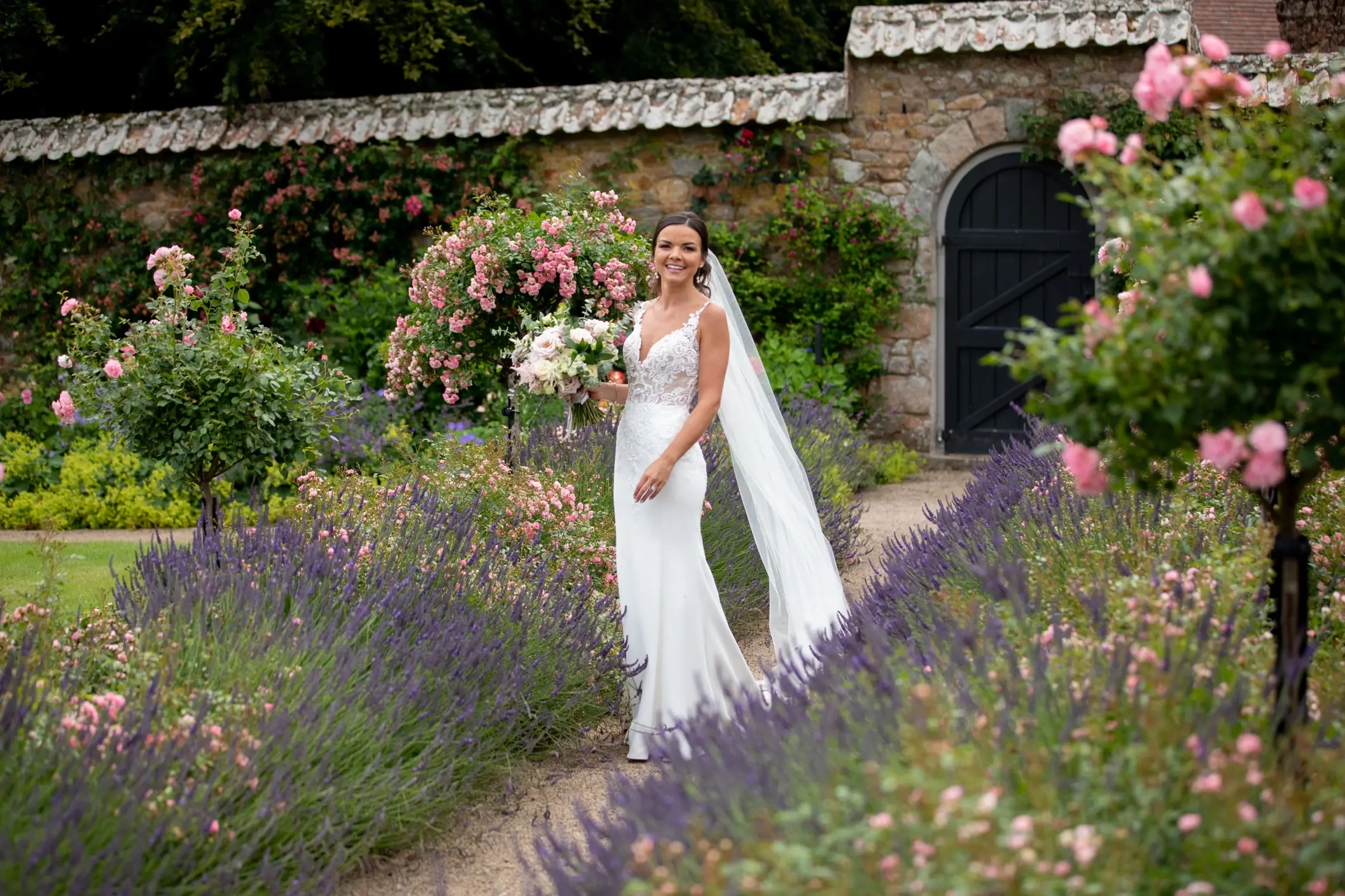 Bride wearing crepe sheath wedding dress
