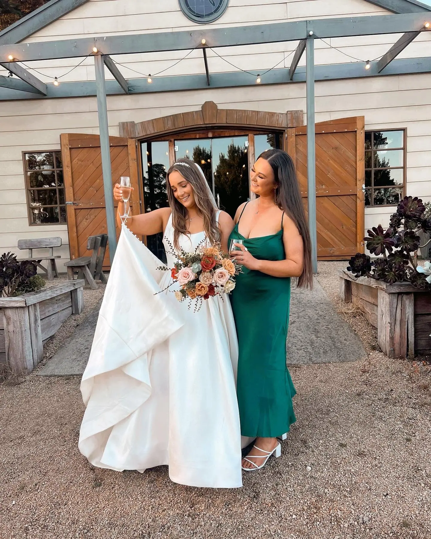 Bride in Mikado Scoop Neckline Ball Down Wedding Dress Selena by Maggie Sottero with Bridesmaid
