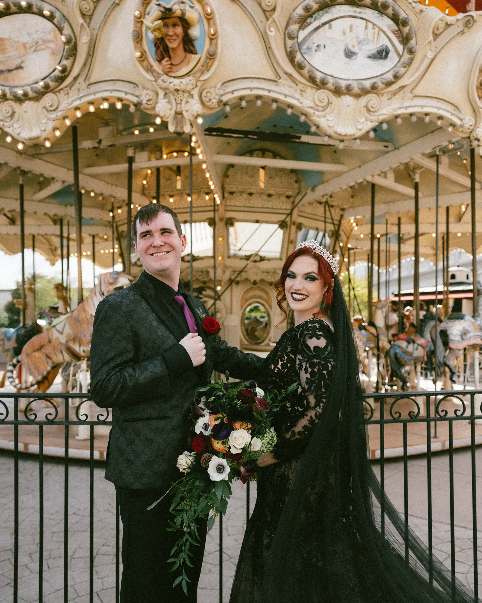 Bride Wearing Black Lace Wedding Dress Called Zander Lane By Sottero And Midgley With Groom Wearing A Black Suit