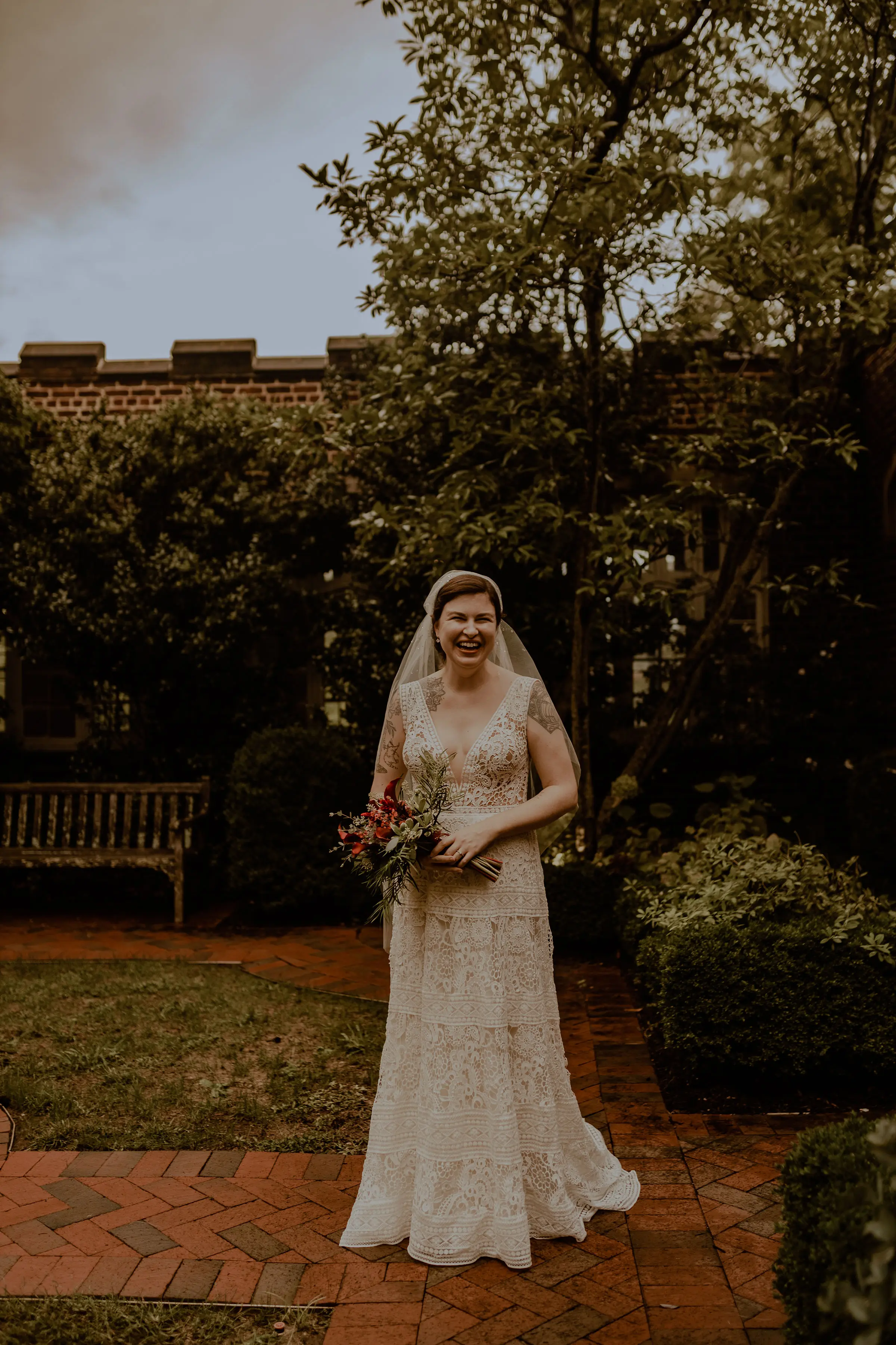 Bride Wearing Boho Lace Aline Wedding Gown Called Finley Dawn by Sottero and Midgley