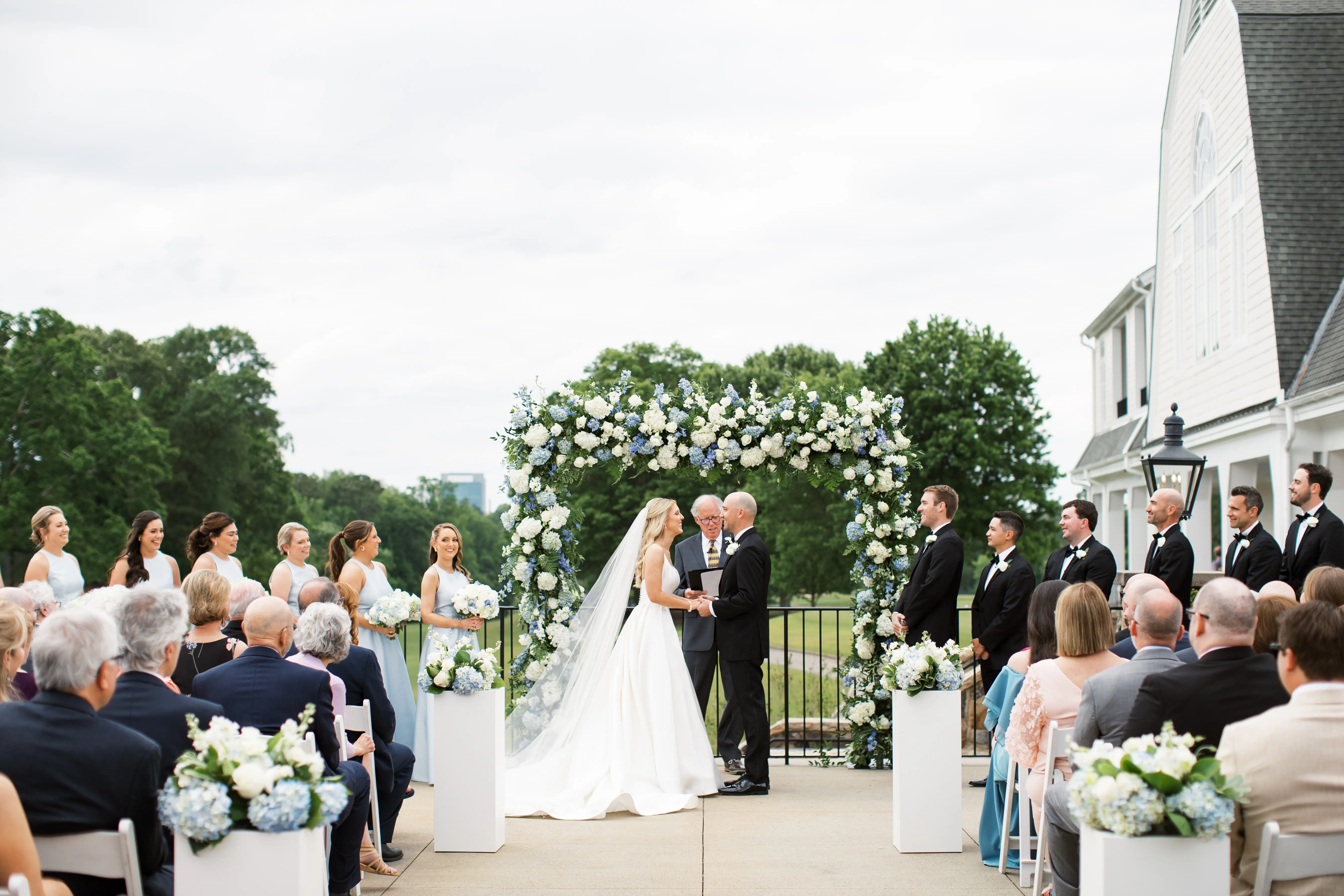 Bride In Satin A-Line Wedding Dress Called Selena By Maggie Sottero At Ceremony
