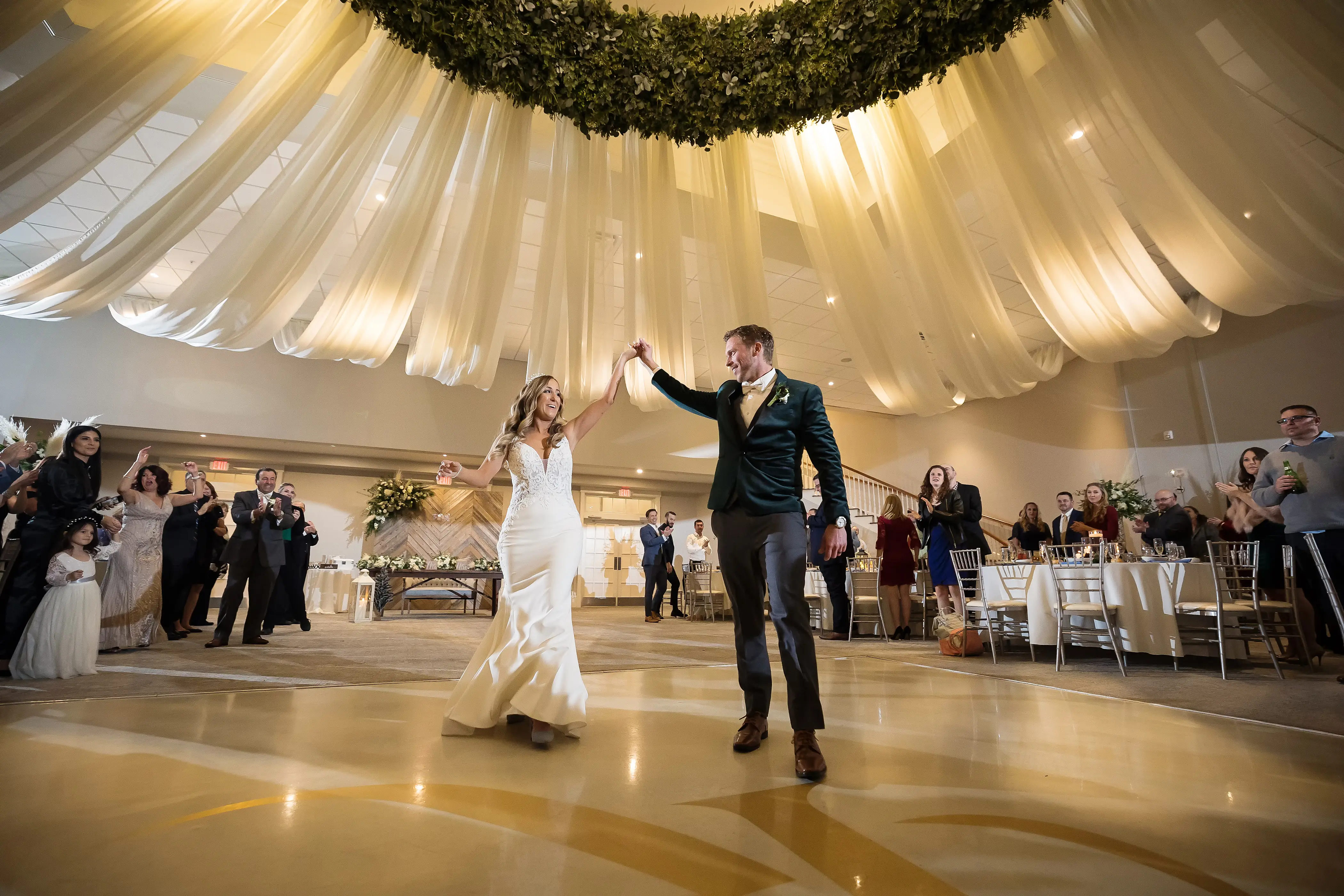 Bride Wearing Lace Mermaid Wedding Gown Called Nikki By Maggie Sottero Dancing With Groom