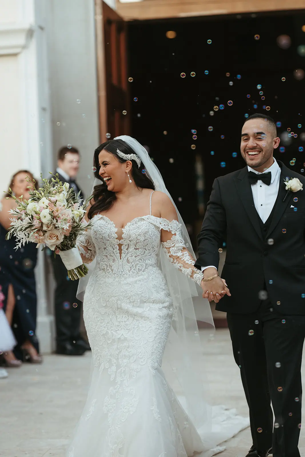 Groom With Bride Wearing Sparkly Lace Fit-And-Flare Fiona By Maggie Sottero