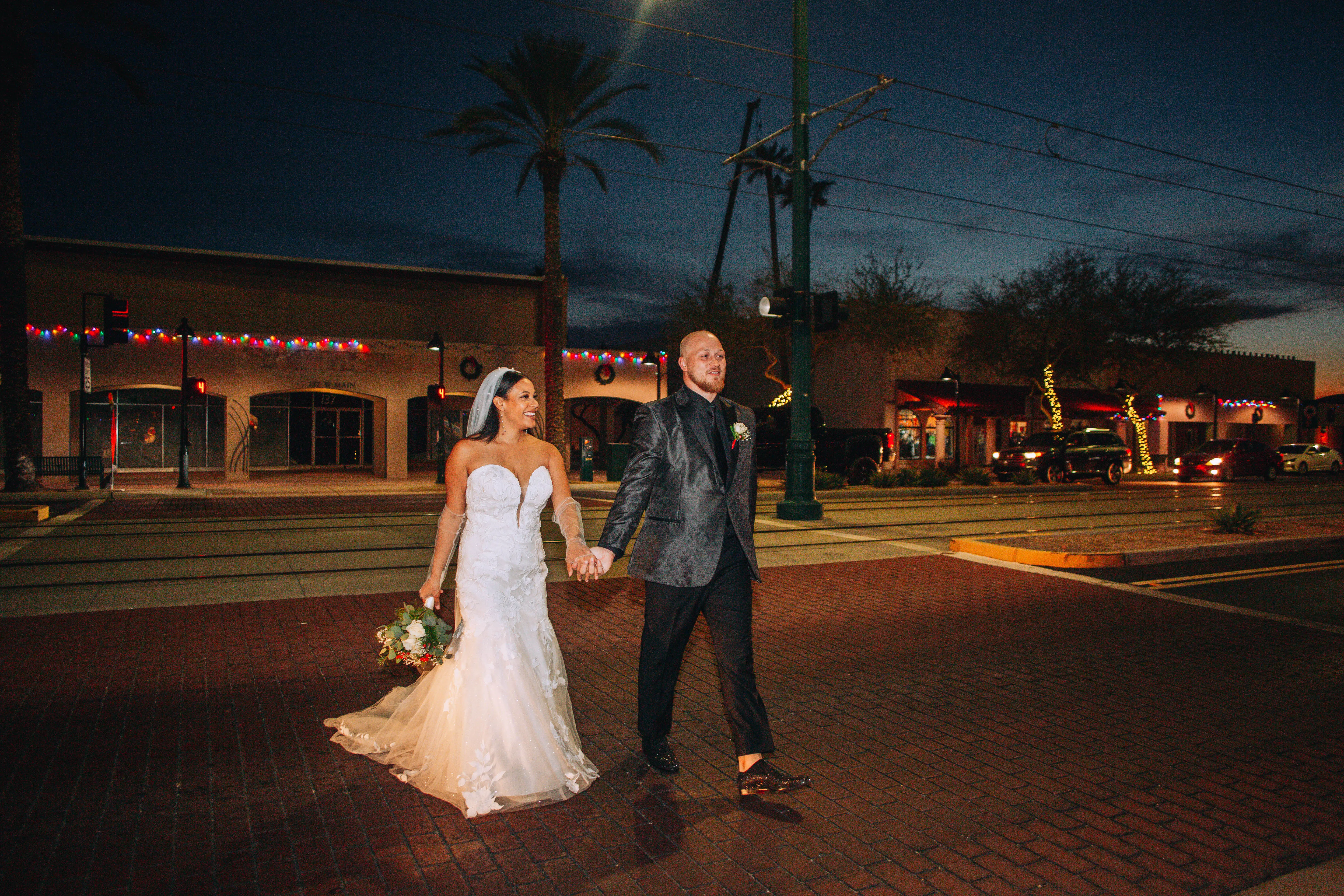 bride in sparkle tulle wedding dress called hattie by rebecca ingram with groom