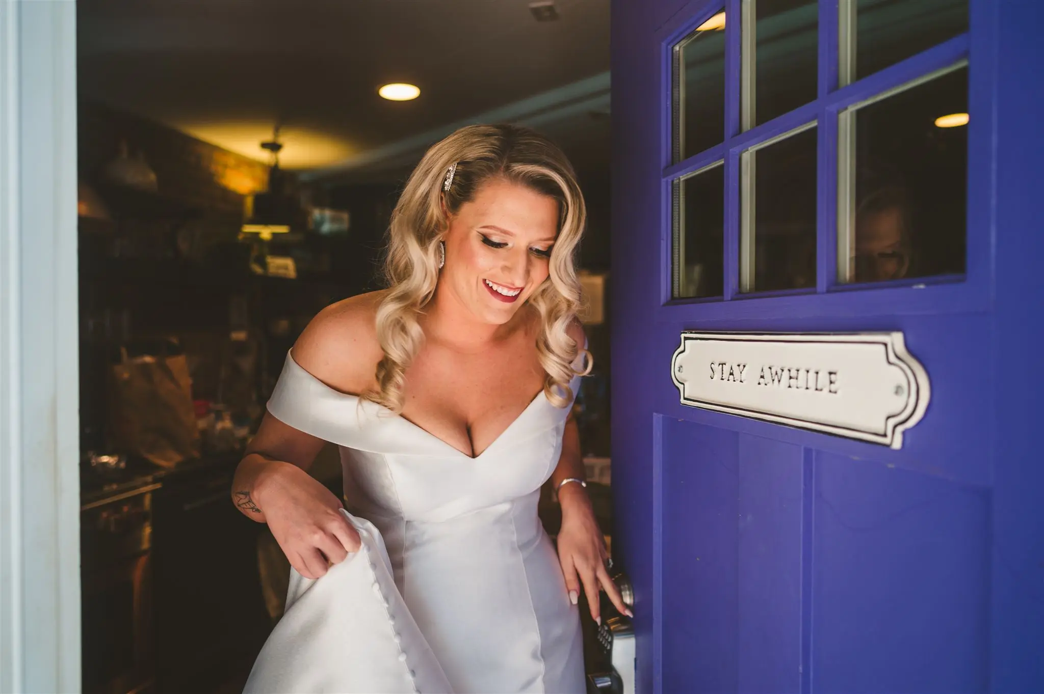 Bride Wearing Vintage Glamour Off-The-Shoulder Wedding Dress Josie By Rebecca Ingram