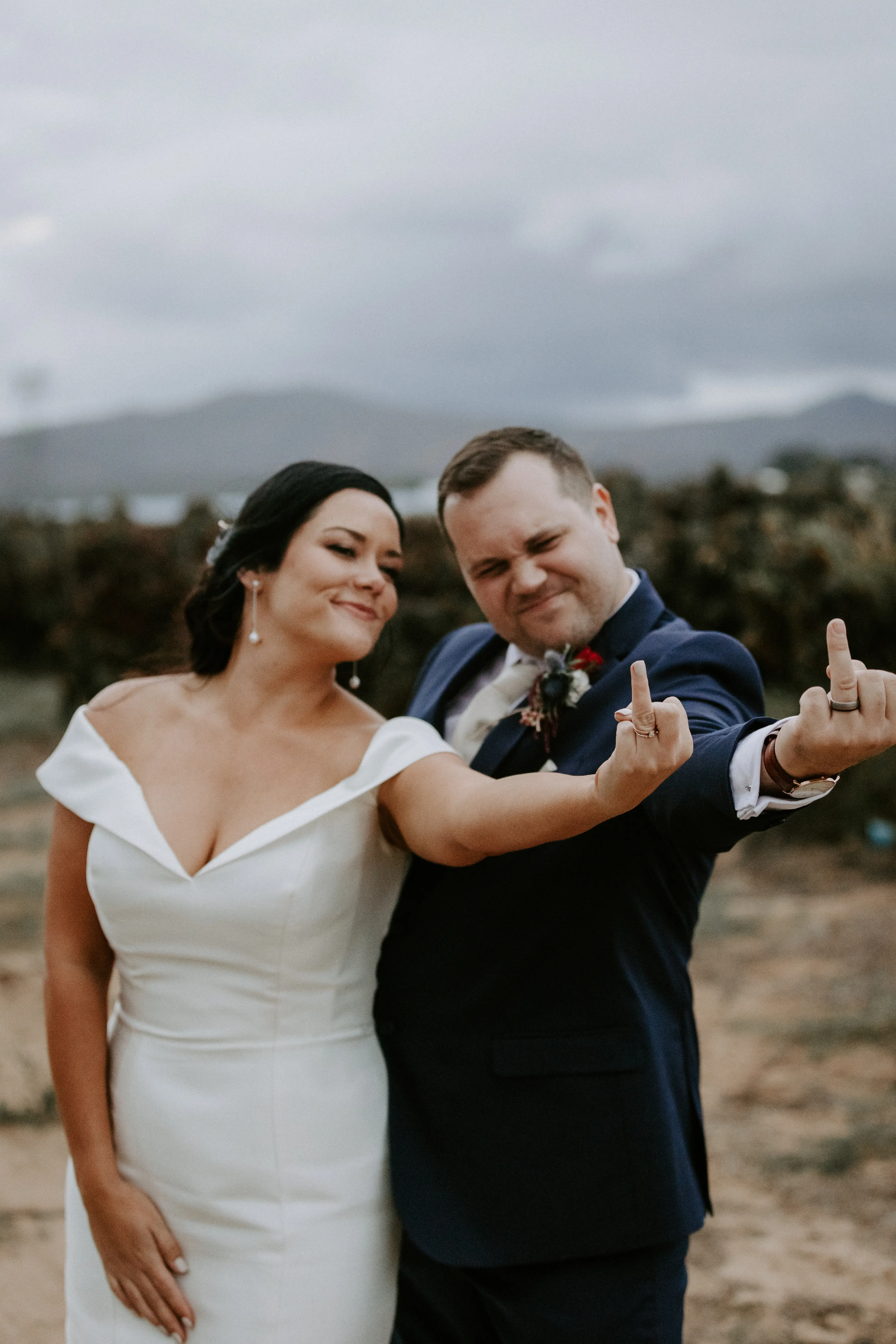 Groom With Bride Wearing Vintage Off The Shoulder Fit-And-Flare Wedding Dress Josie By Rebecca Ingram
