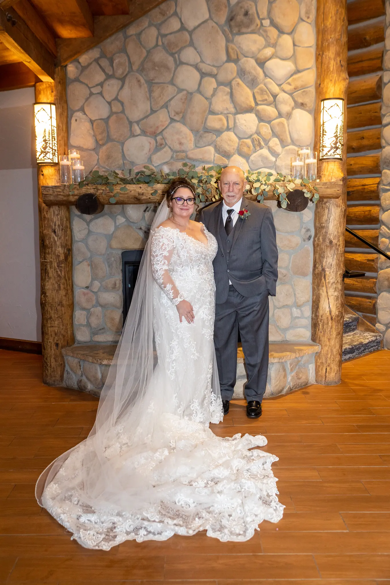 Bride In Lace Winter Wedding Dress Called Edison By Maggie Sottero With Father Of The Bride