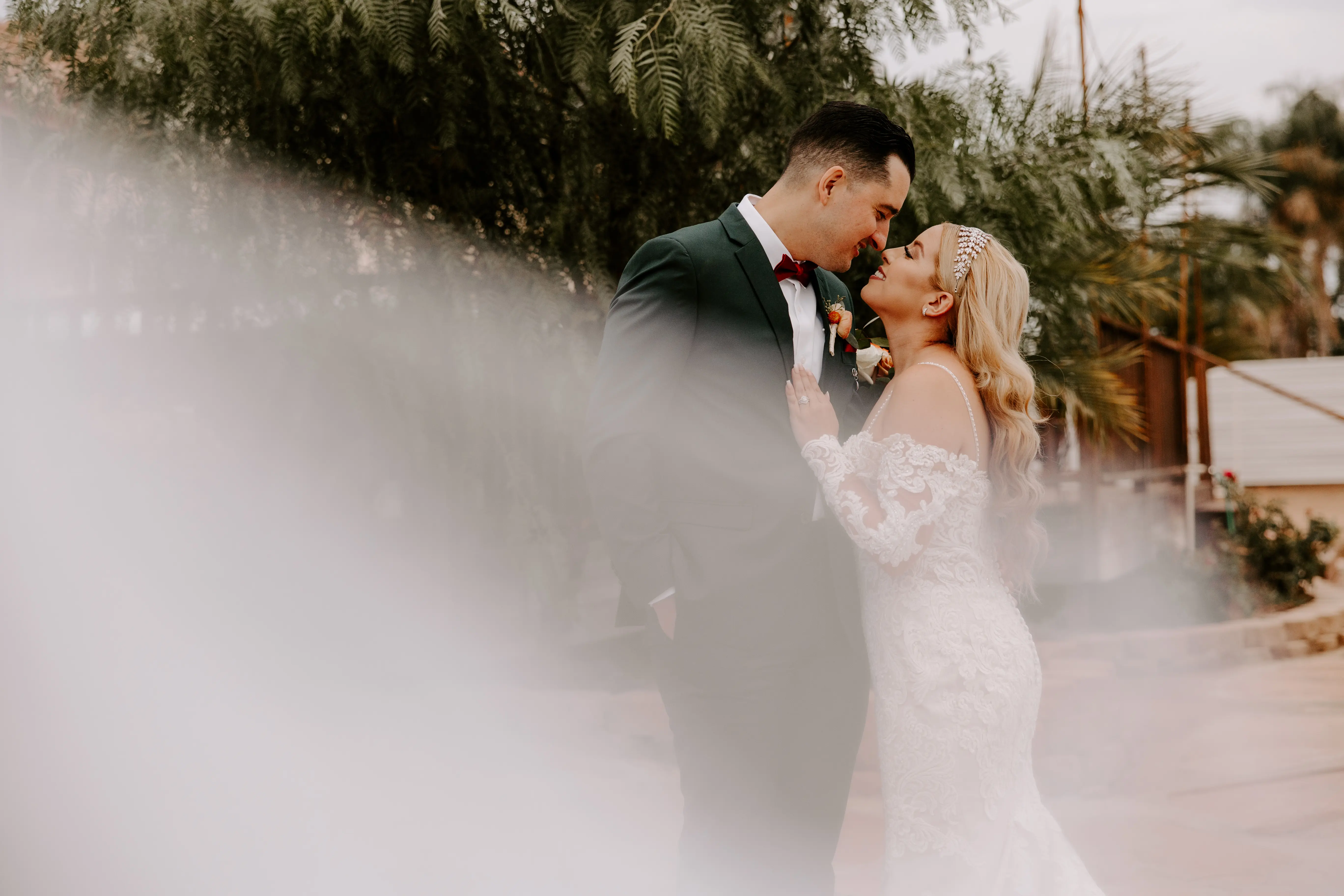Real Bride in Sparkly Lace Fit-and-Flare Bridal Dress with Off-the-Shoulder Sleeves Called Fiona by Maggie Sottero