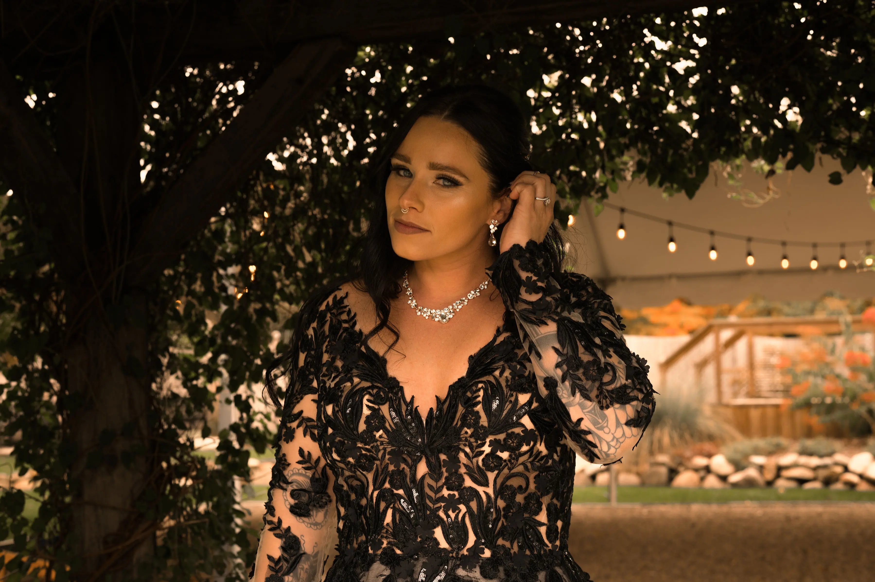 Bride Wearing Black Lace Wedding Dress Called Zander By Sottero And Midgley In A Rustic Themed Wedding