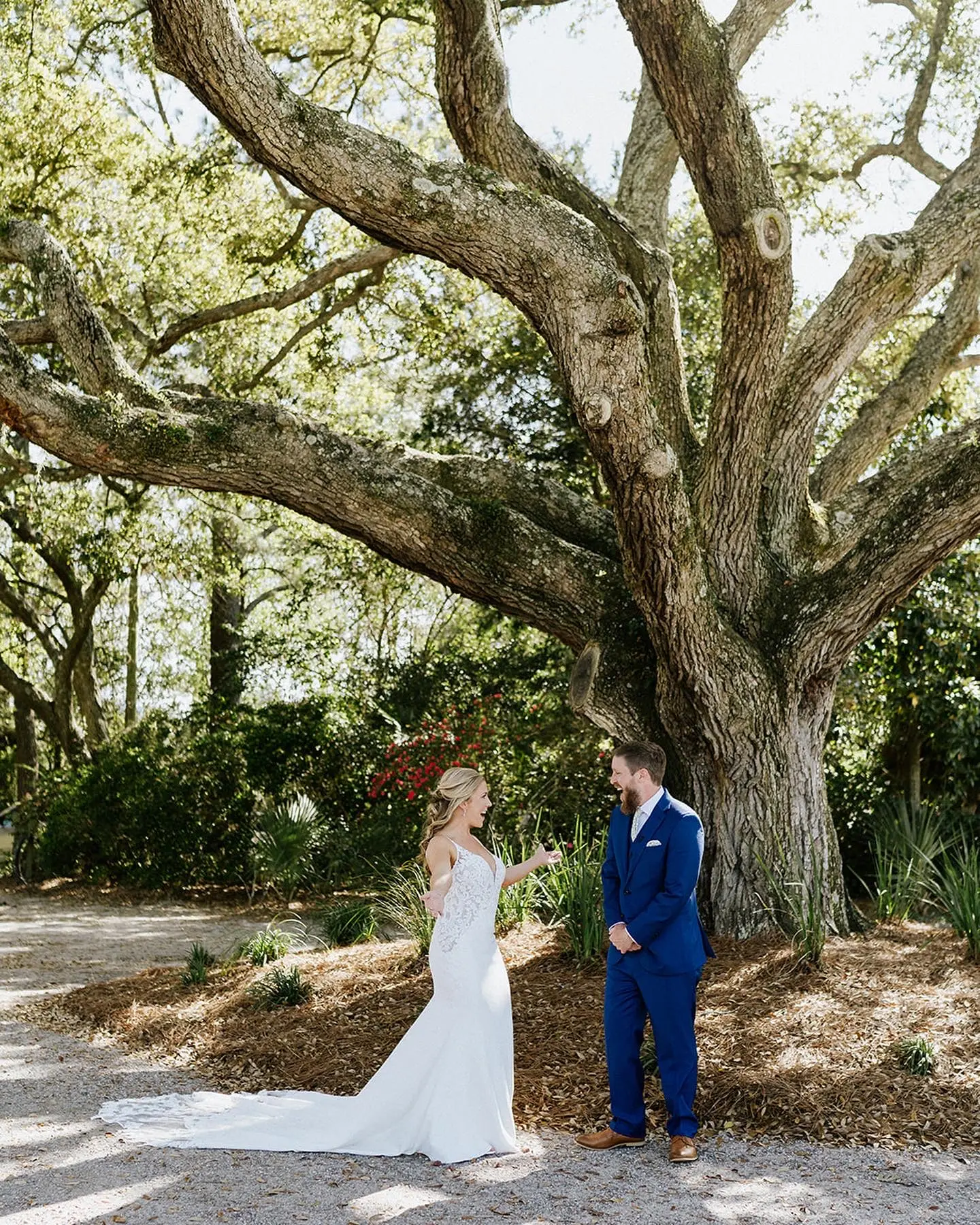 Bride Surprising Groom In a Stunning Lace Spaghetti Strap Mermaid Wedding Dress Named Nikki By Maggie Sottero