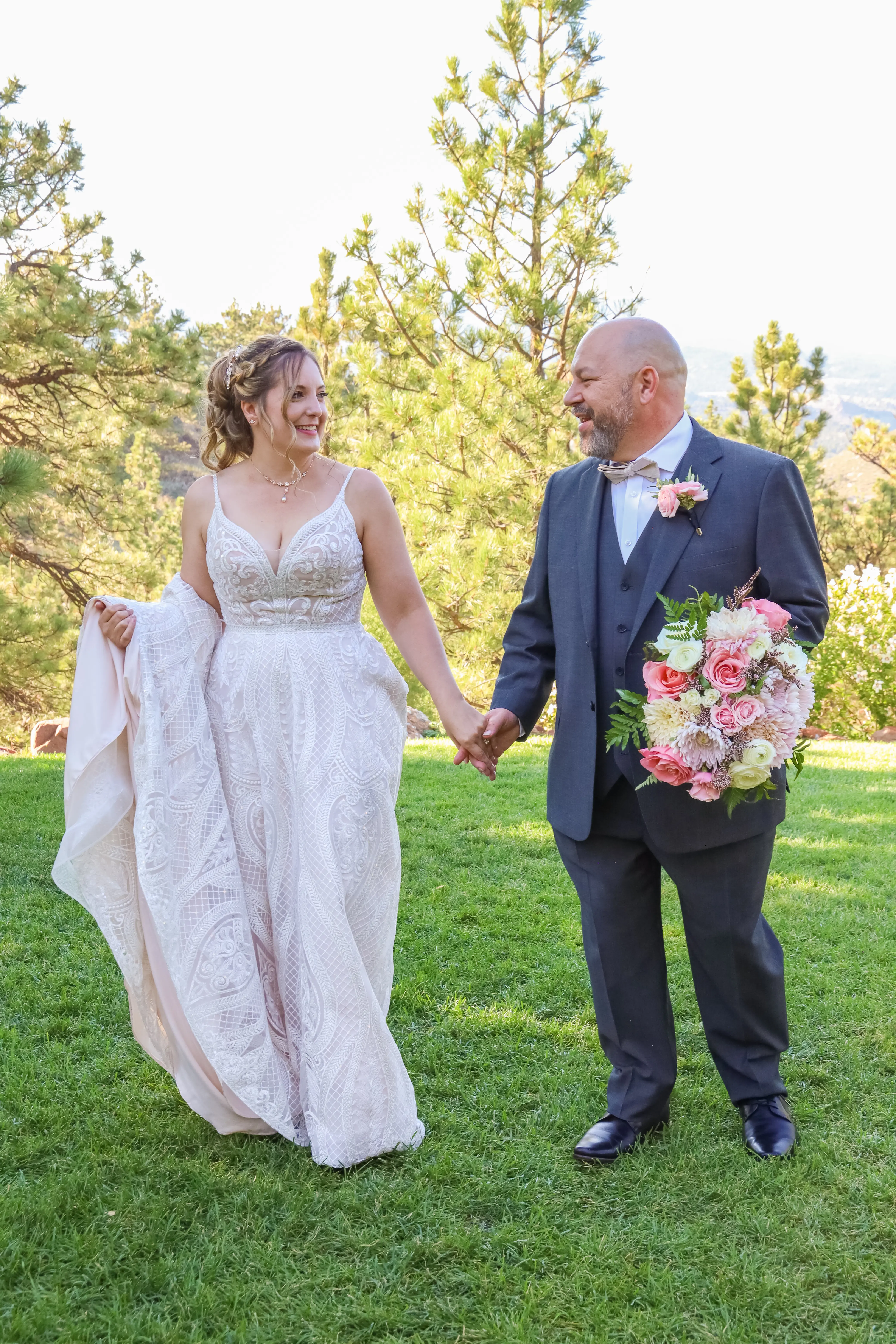 Groom With Bride Wearing Boho Princess A-Line Wedding Dress Roxanne By Sottero And Midgley