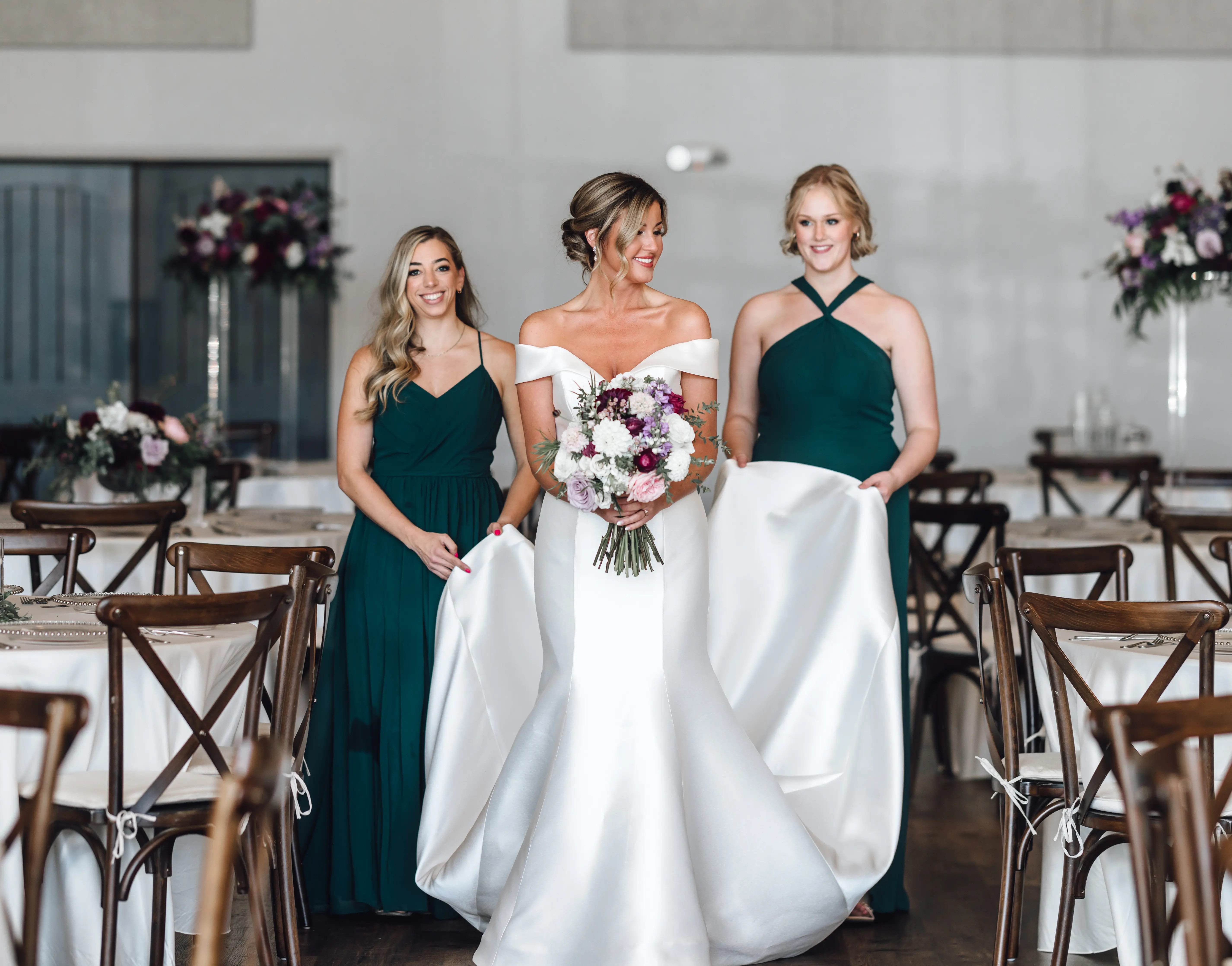 Two Bridesmaids With BrideBride In Off The Shoulder Sweetheart Neckline Wedding Dress Named Josie By Rebecca Ingram