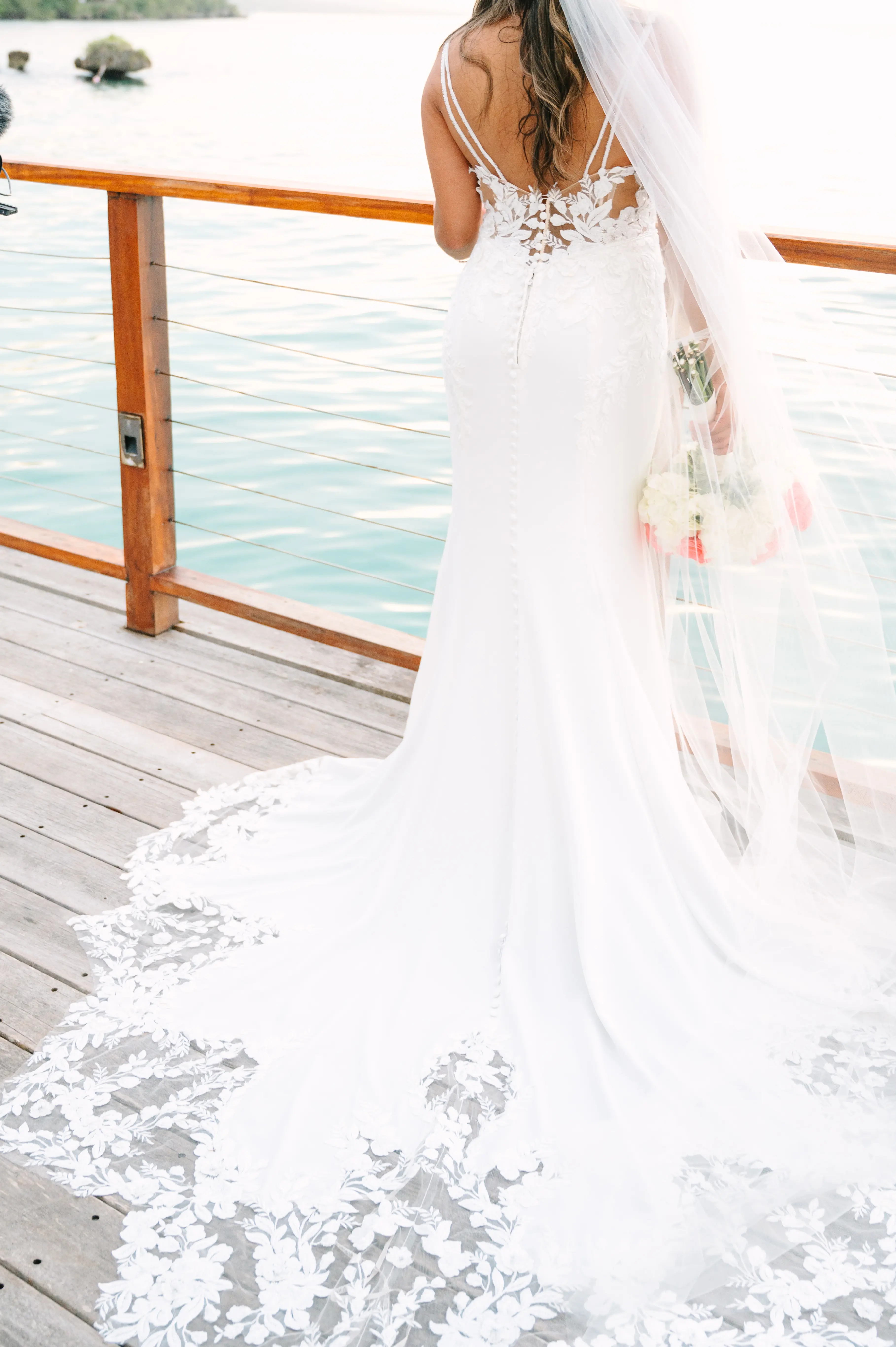 Real Bride in Backless Crepe Wedding Gown with Scalloped Lace Cutout Train Called Baxley by Maggie Sottero